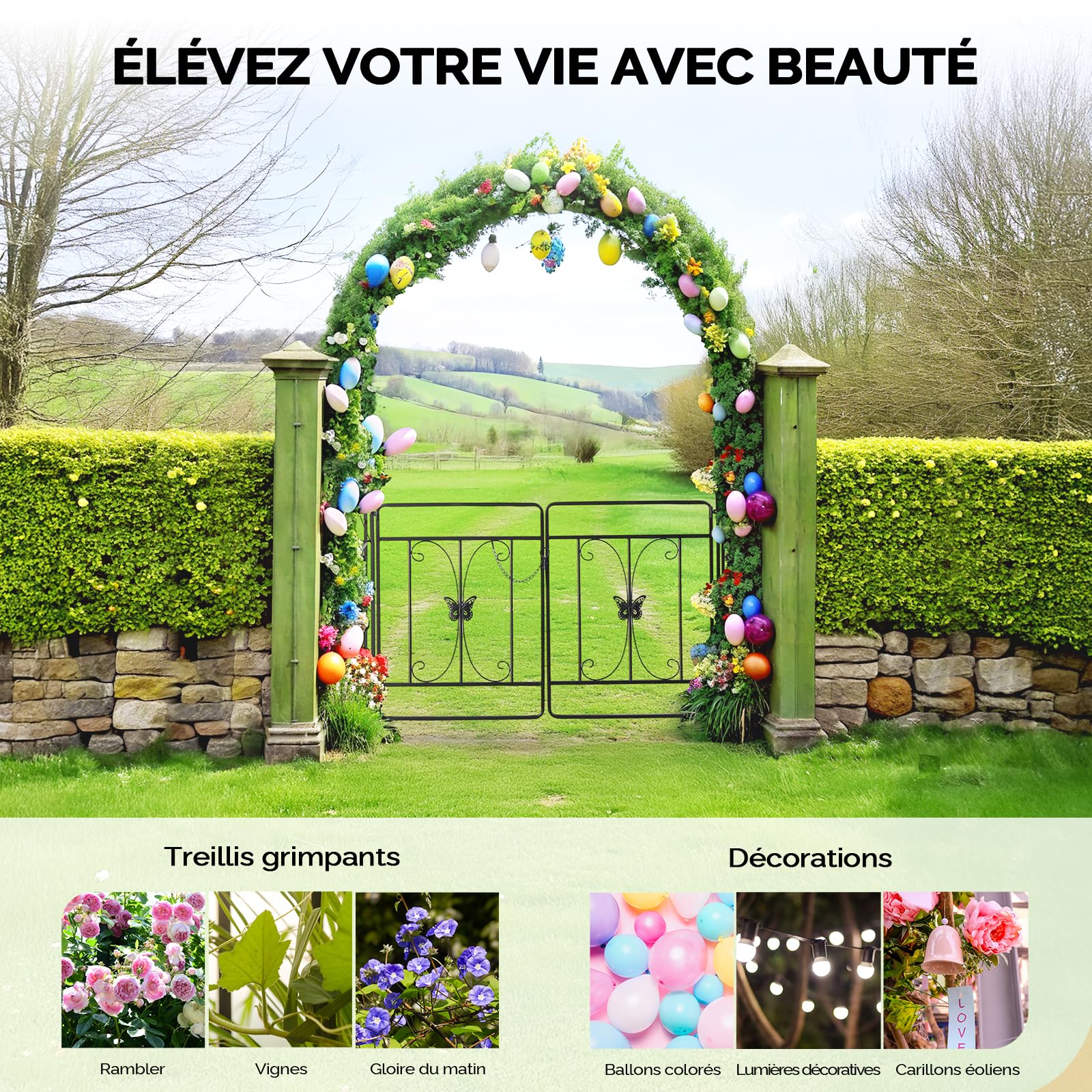 Arche Jardin Métal, Arche de Mariage - 135x58x212 cm - avec revêtement en Poudre, pour Plantes Grimpantes de Rose, Noir (avec Porte)