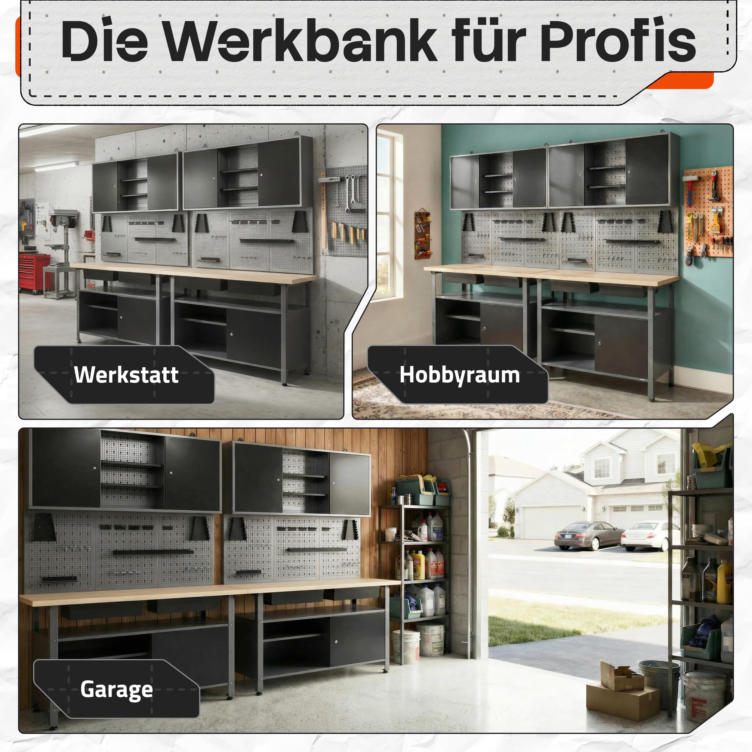 Ondis24 Werkstatteinrichtung Werkstatt Set Werkbank Fritz Hängeschrank Werkzeugwand Metall Schwarz Grau (Hängeschrank Kurt, 240 cm)