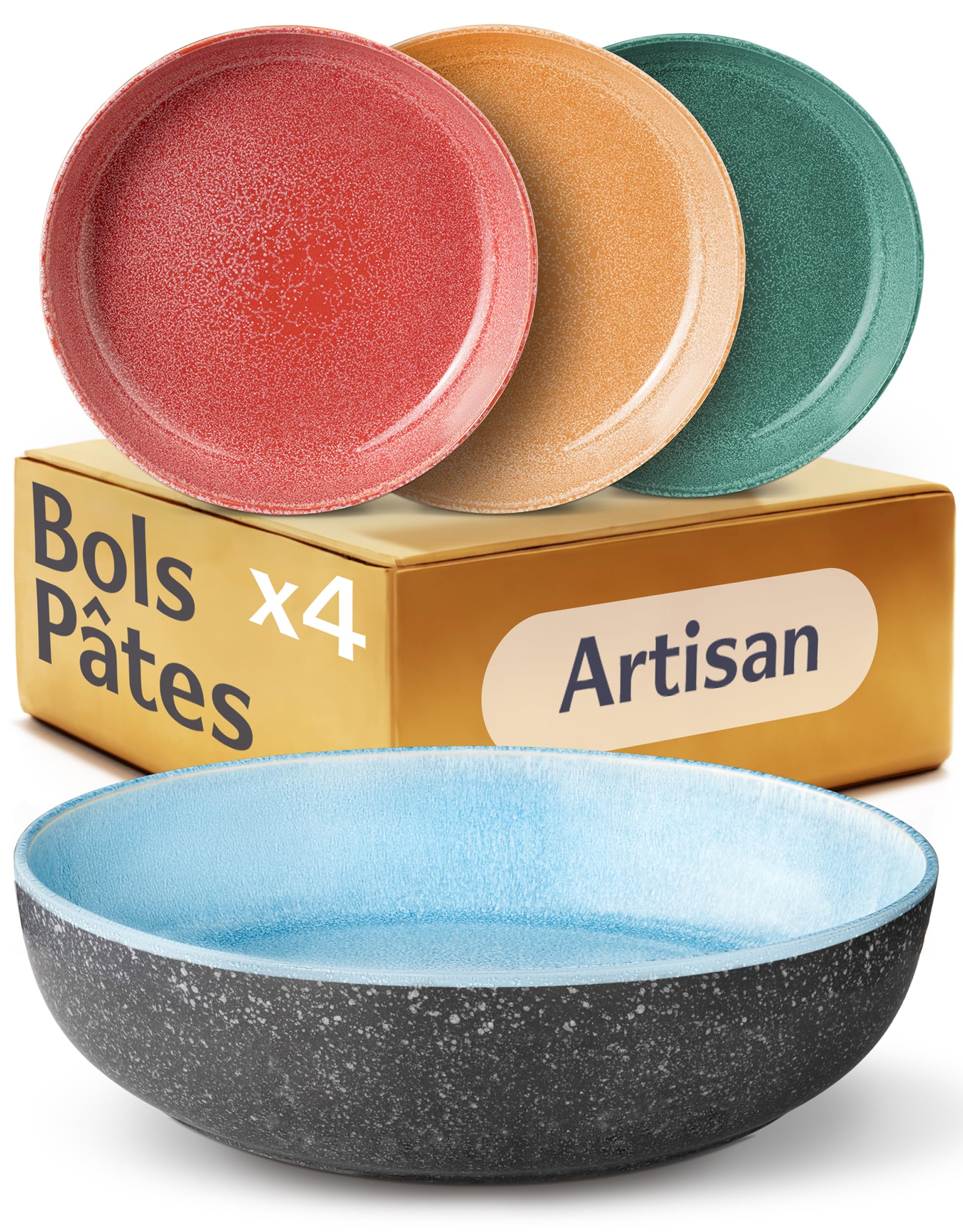 Cosumy Set de 4 Assiettes à Pâtes en Grès Ø22 cm – Vaisselle Artisanale avec Glaçure Réactive – Jeu de Couleurs Vibrantes, Compatible Micro-ondes & Lave-vaisselle – Set de 4 Pièces pour Pâtes