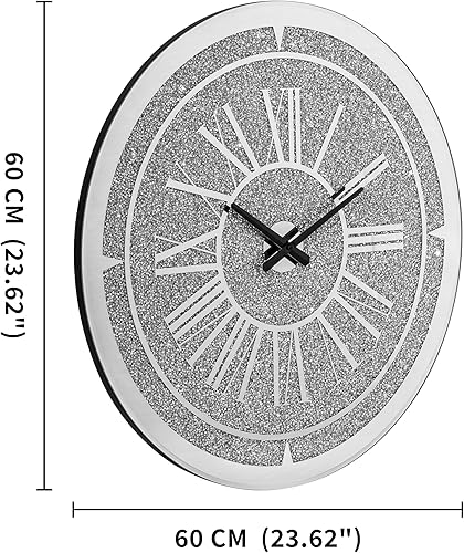 Miniatura 4 de SHYFOY Reloj de pared de diamante triturado, reloj de pared redondo de lujo de 24 pulgadas con cristal de espejo, números romanos elegantes,