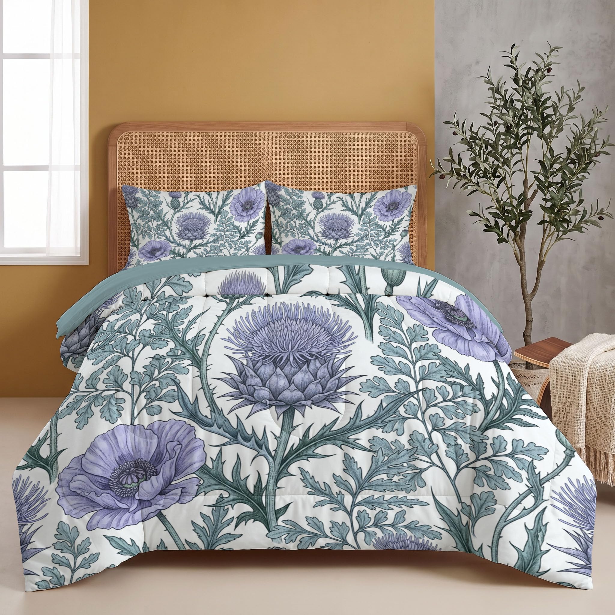 Bettdecke Ohne Bezug 140x200cm Distel Mohn 4 Jahreszeiten Steppdecke | Englische Vintage-Blumen Weich Kuschelig Bettbezug Set - Waschbar Warme Bettbezug Set Mit 2 Kissenbezug