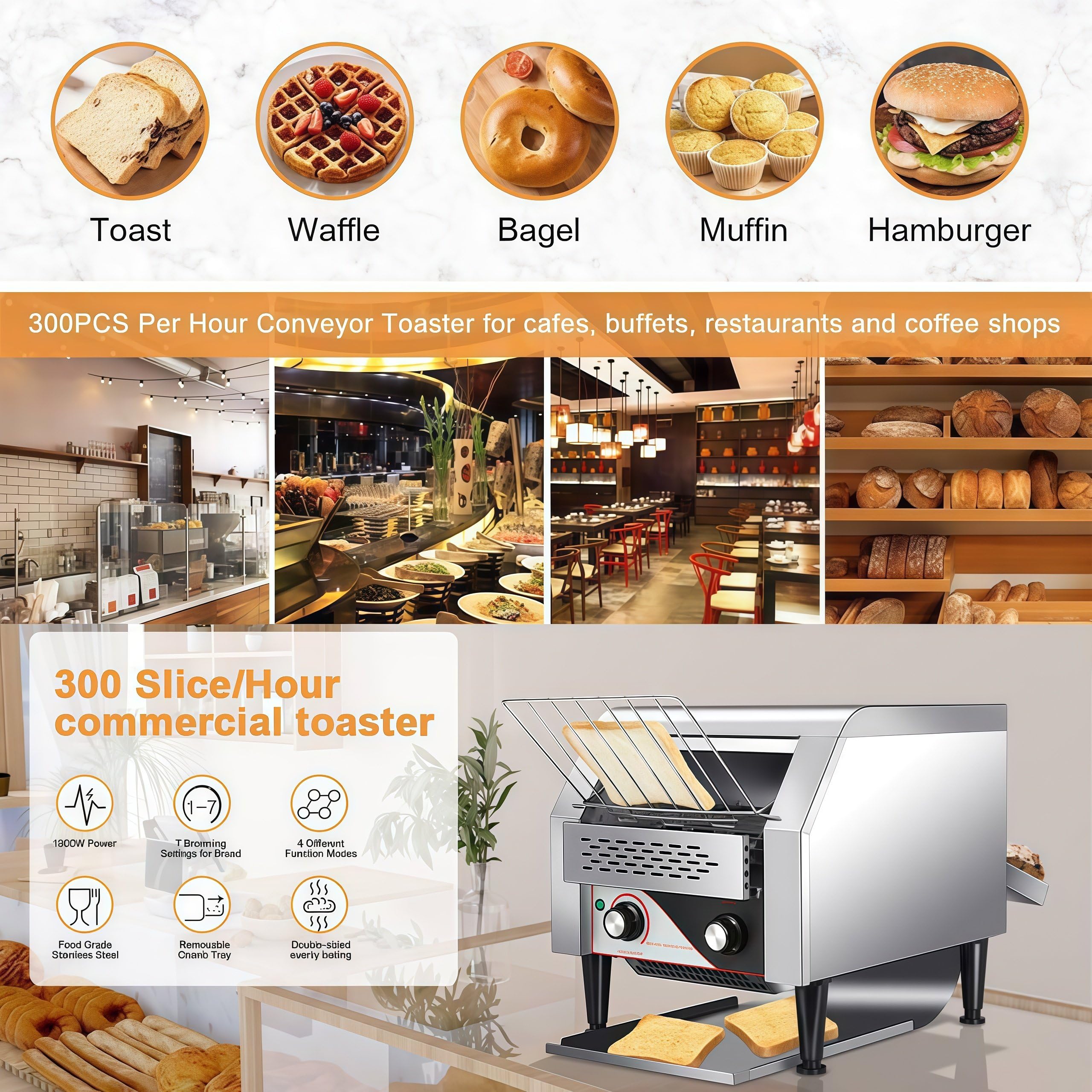 Tostadora Comercial De Cinta Transportadora, 150/300/450 Rebanadas/Hora, Tostador de Cinta Doble,para Restaurantes, con 7 Niveles De Tostado, para cruasán de Bagel 150