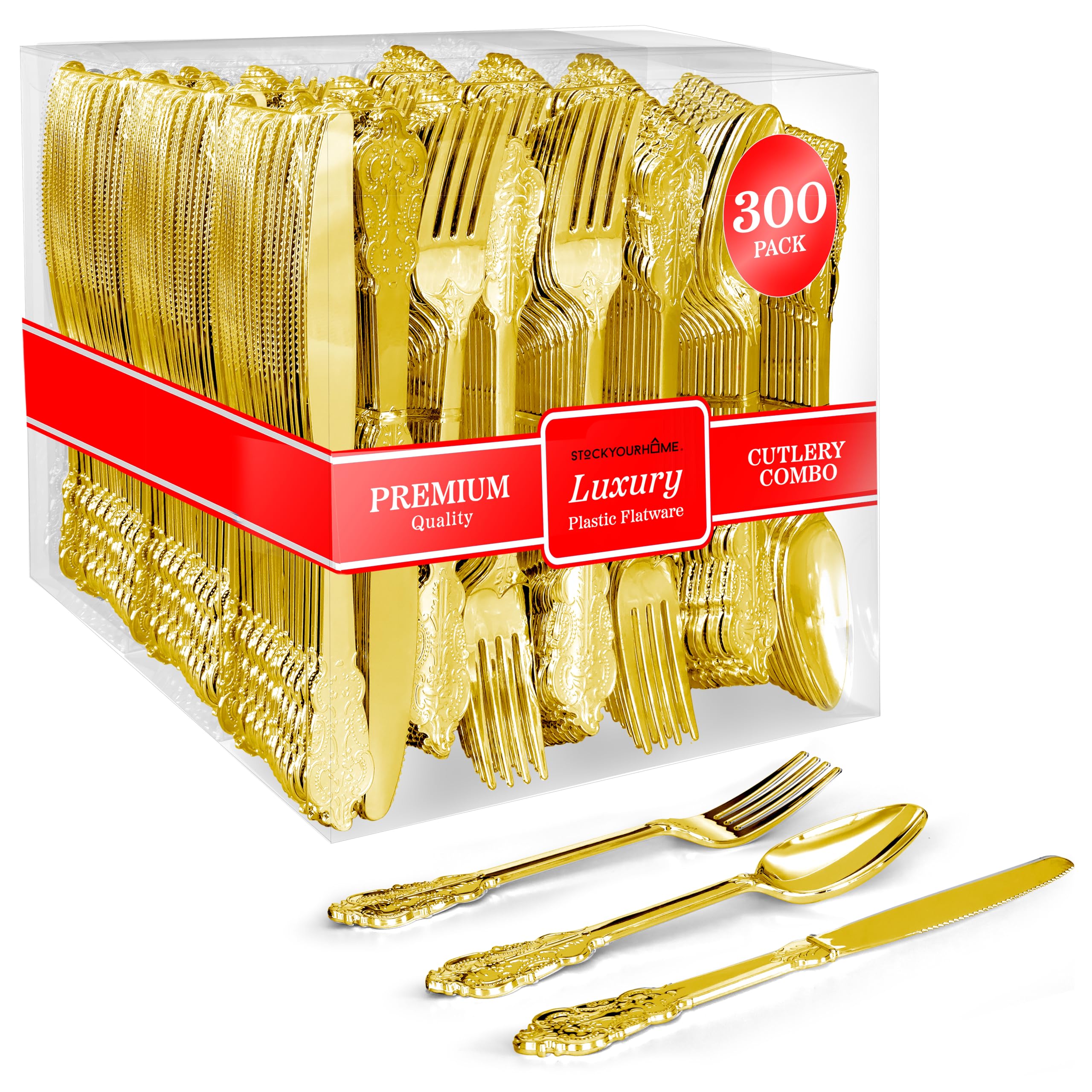 300 Pcs Gold Plastic Silverware Set