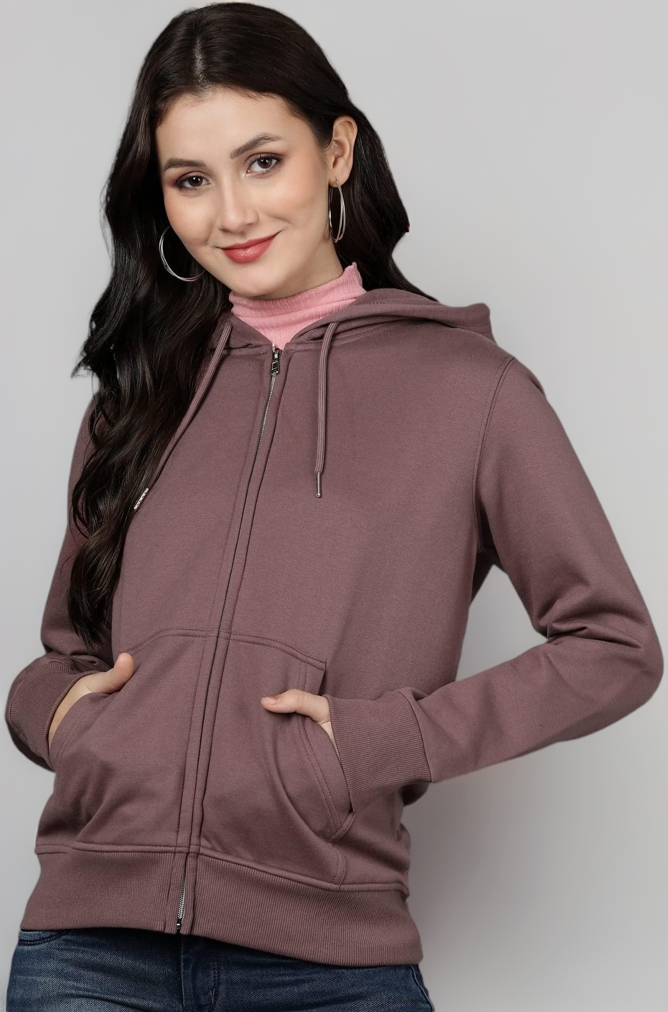 Alan Jones Clothing Women's Solid Zipper Hooded Sweatshirt | Front Zip, Ribbed Hem, Lined Hood, Casual Winter Wear