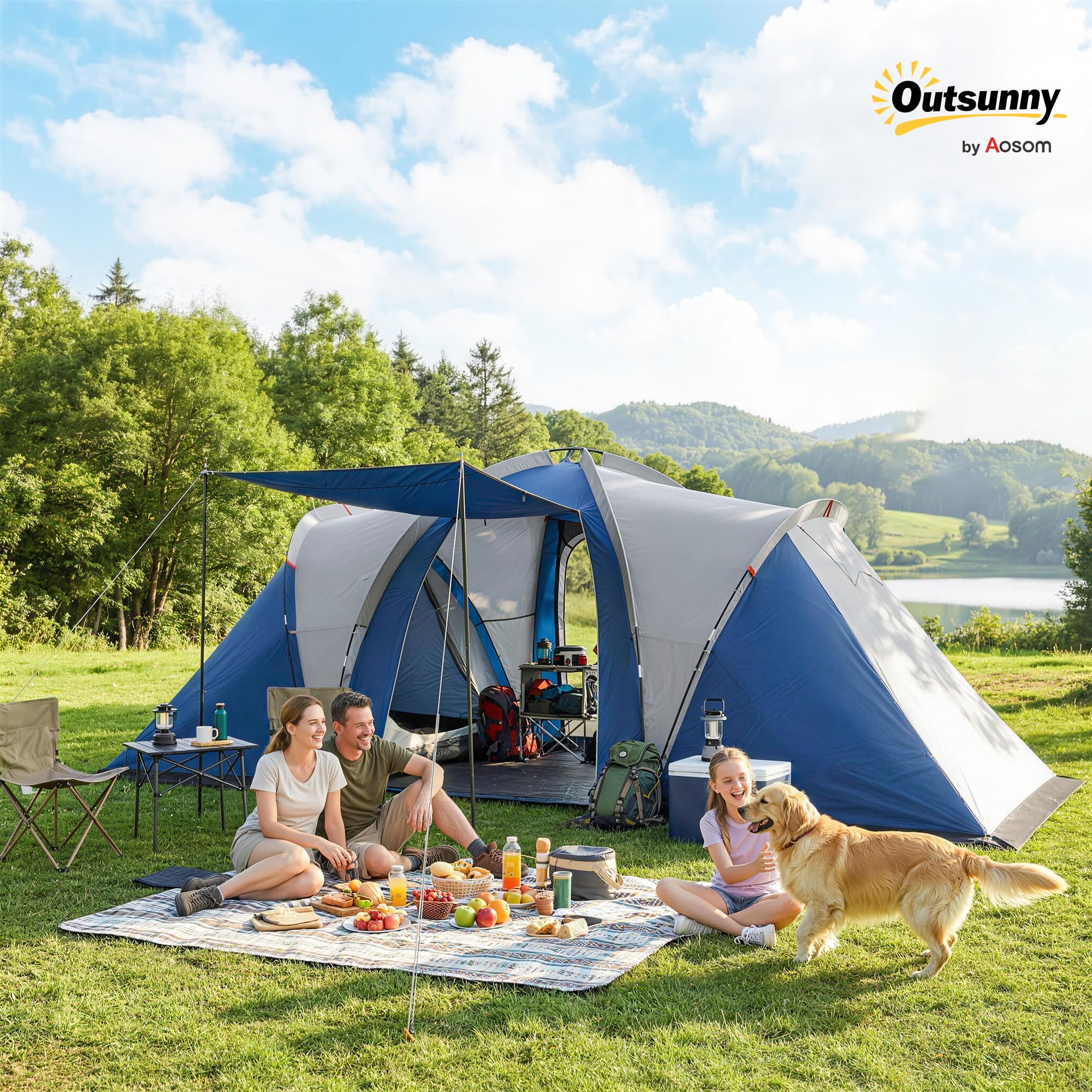 Outsunny - Tienda de campaña con doble capa, túnel familiar para 4-5 personas, grande, con 2 dormitorios y salón para 12 personas, 3000 mm, impermeable, refugio solar con toldo, azul
