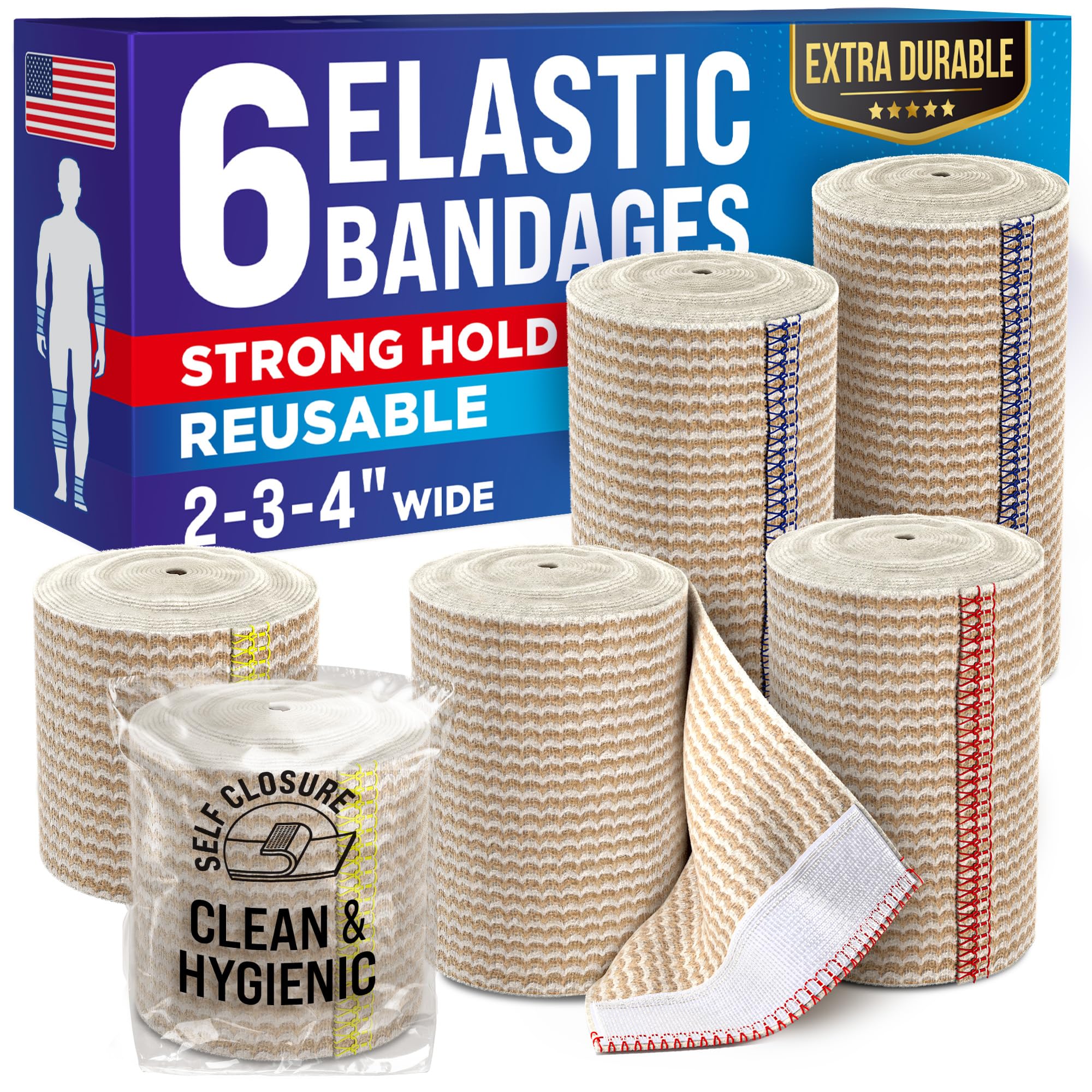 Mighty-X Premium Elastic Bandage Wrap - 6pk (2x2", 2x3", 2x4") - Self-Closing - Strong Compression Bandage Wrap - Foot, Ankle, Wrist, Knee Wrap
