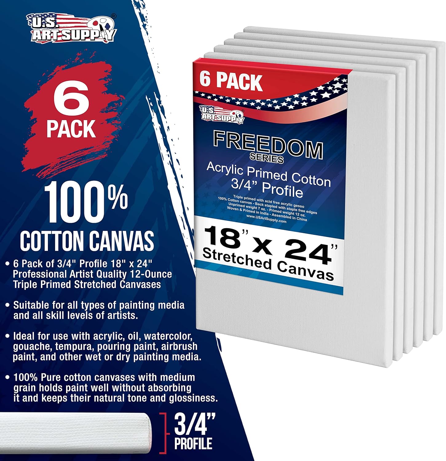 U.S. Art Supply 18 x 24 inch Stretched Canvas 12-Ounce Primed 6-Pack - Professional White Blank 3/4" Profile Heavy-Weight Gesso Acid Free Bulk Pack - Painting, Acrylic Pouring, Oil Paint