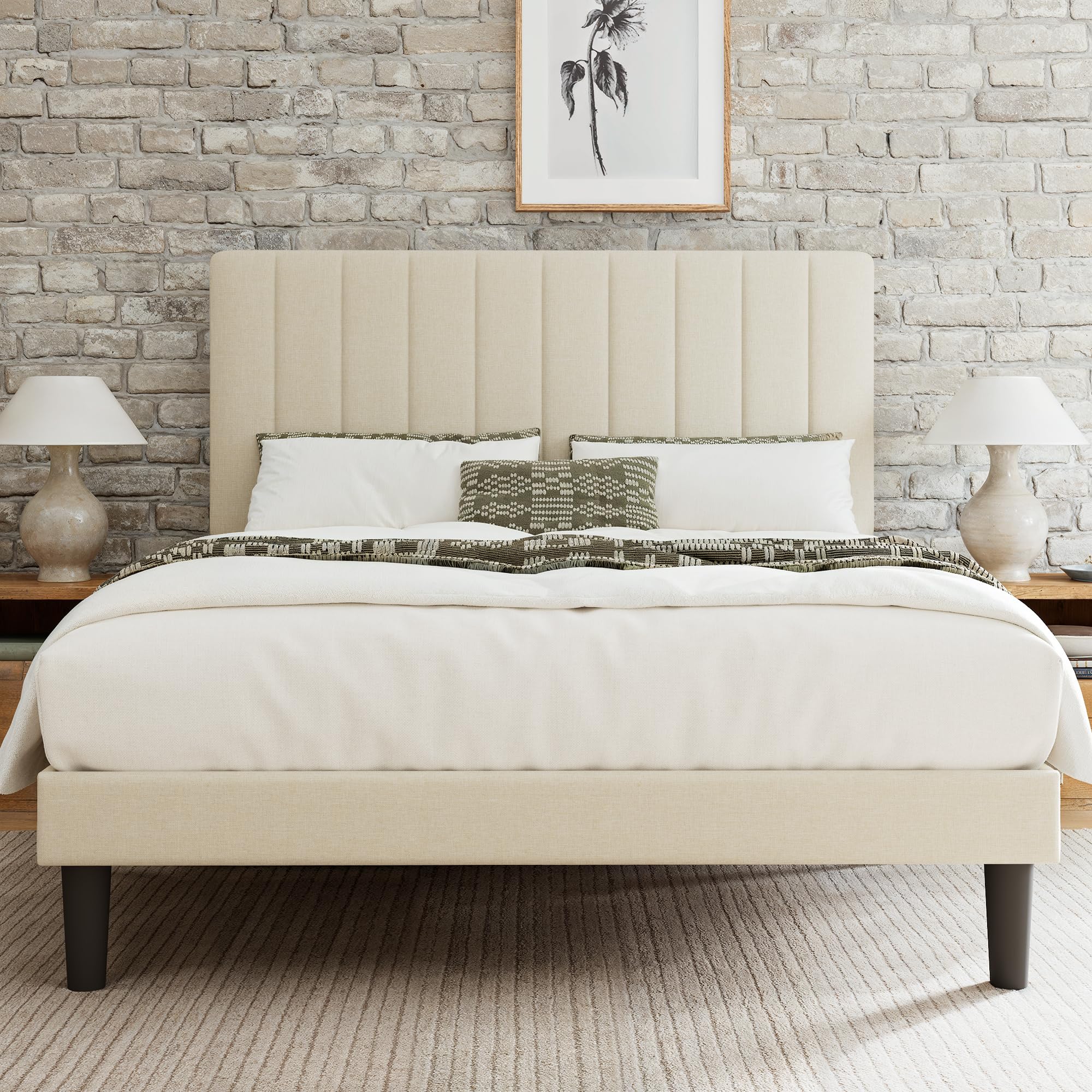 GOLDORO Queen Size Bed Frame with Adjustable Headboard, Linen Upholstered Platform Bed, Vertical Channel Tufted Design, Wooden Slat Support, No Box Spring Needed, Easy Assembly, Beige