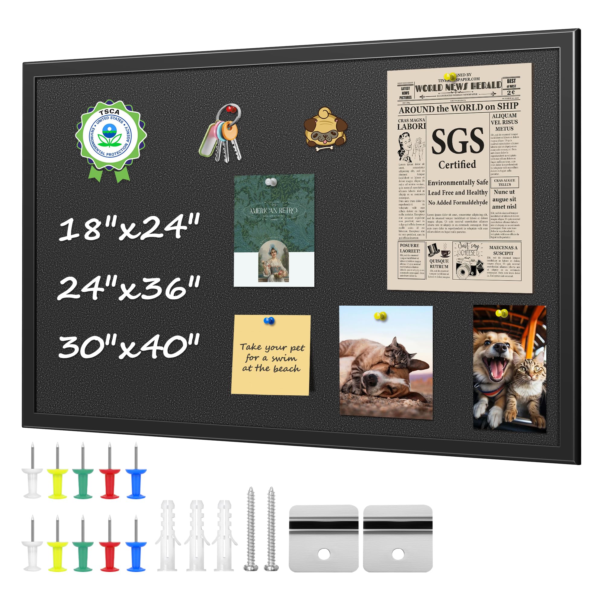 ORIENTOOLS Gerahmte Korktafel für Wände, Pinnwand mit 10 farbigen Stecknadeln, hängende Pinnwand, schwarze dekorative Sichttafel, große Korktafel für Büro, Zuhause, Schule, Kabine, 91,4 x 61 cm