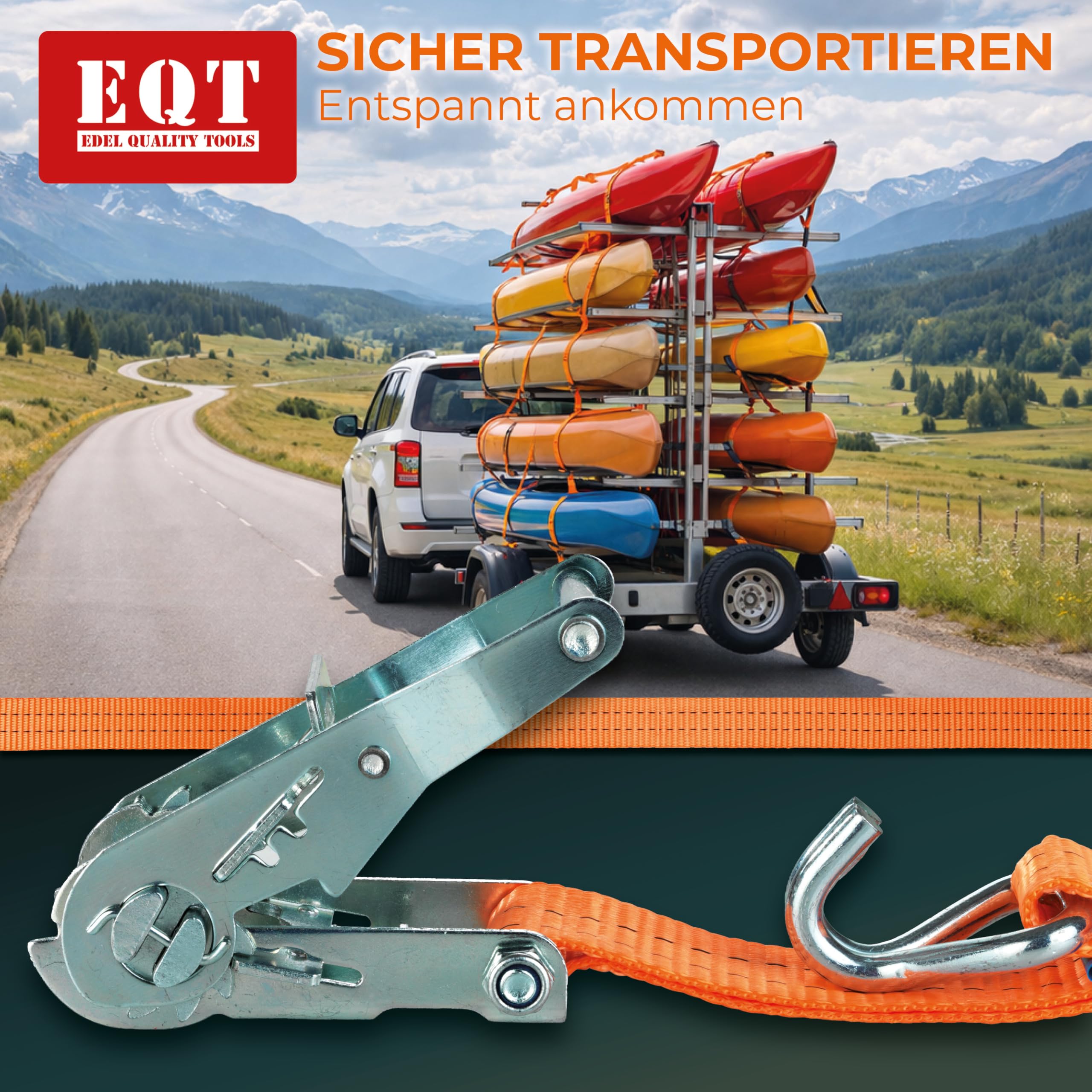 EQT 8 Stück 2000kg 6 Meter Spanngurte mit Ratsche und Haken zweiteilig DIN EN 12195-2