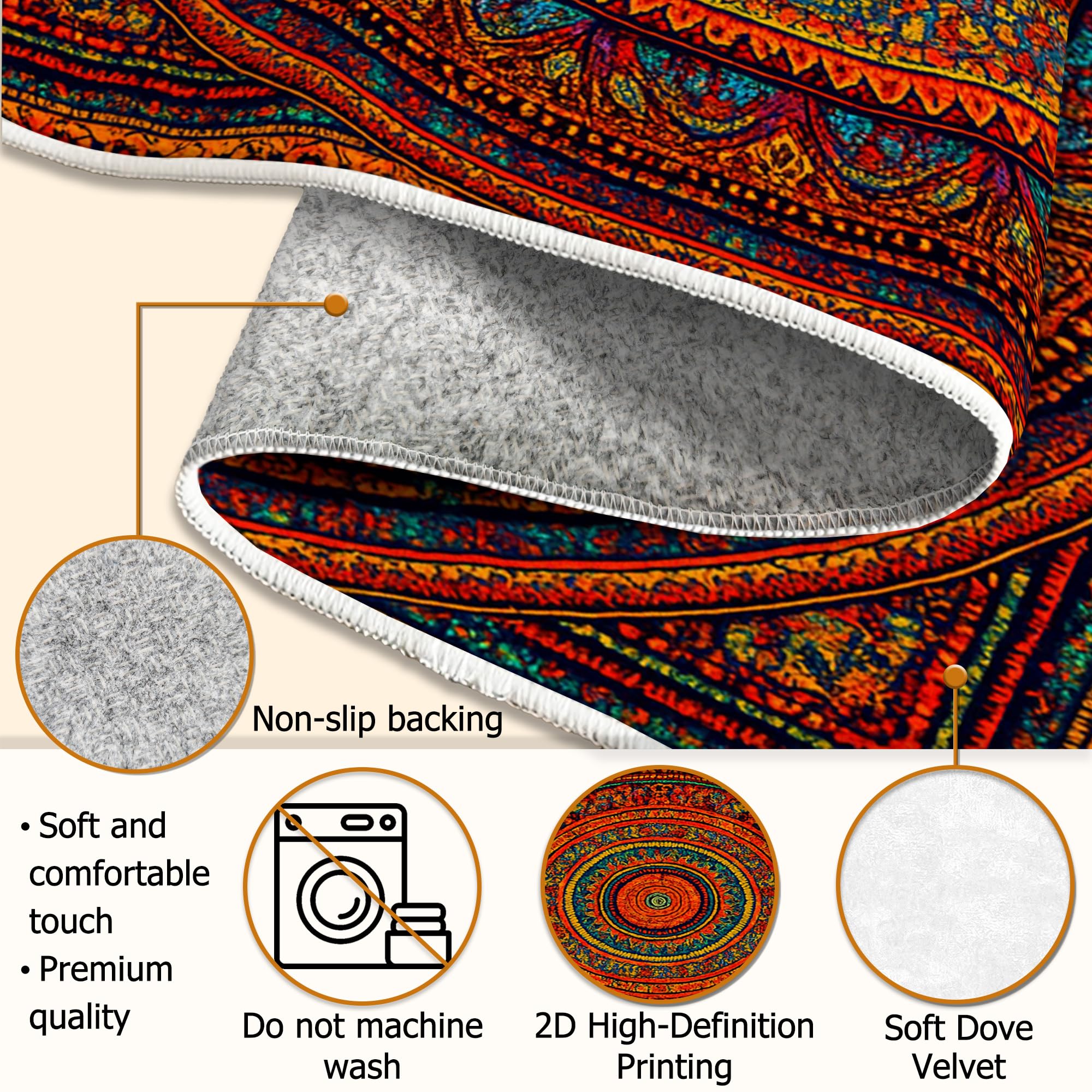 Tapis mandala bohème ethnique, floral, géométrique, été, rouge, dos antidérapant, tapis de sol pour salon, chambre à coucher, nouvelle maison, salle à manger, 1,8 x 1,8 m