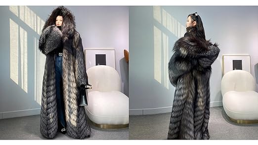 Denny&Dora Women's Silver Fox Fur Coat Genuine With Big Hood Fur