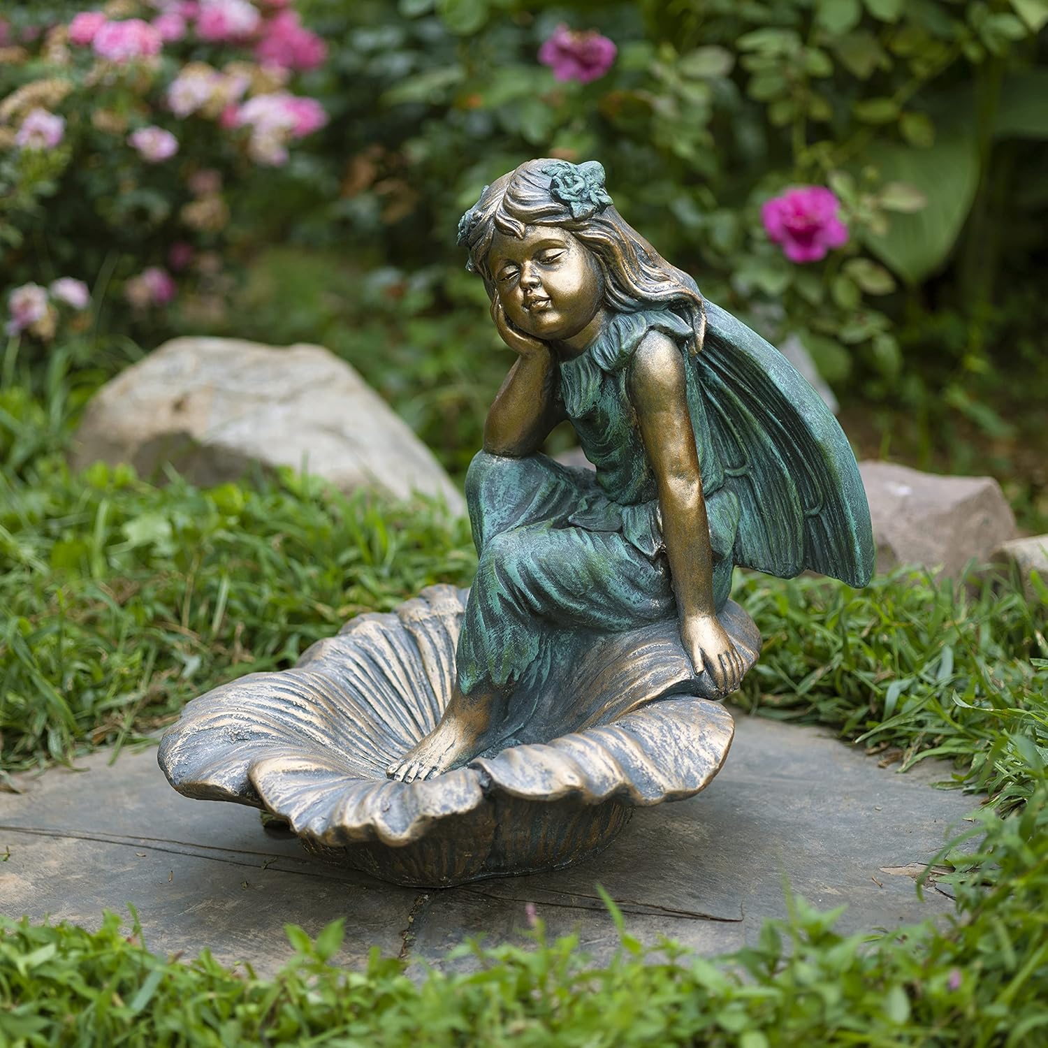 Zaer Ltd. Large Magnesium Fairy Statues for Outdoor Use (Fairy Sitting on Flower Bowl Gardenia)
