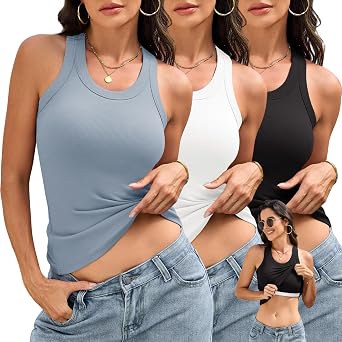 BVNSOZ 3 Pack Womens Tank Tops with Built in Bra Ribbed Racerback Tops | Light Support, Sleeveless Workout Shirt, Slim Fit, Double Layer, Scoop Neck, Summer Basic Cami, Stretch Material, Casual