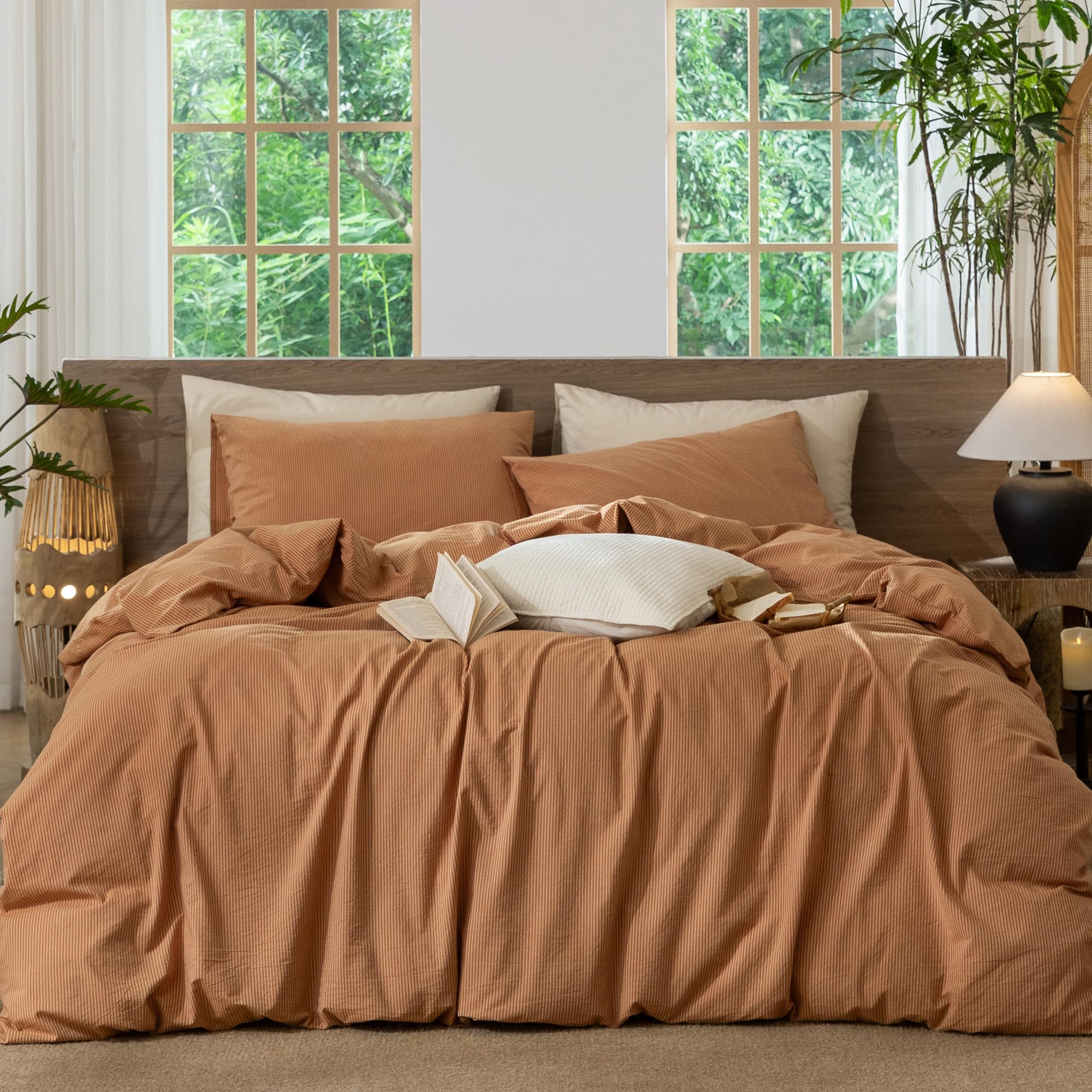 MooMee Striped Duvet Cover Set 100% Washed Cotton Linen Like Queen