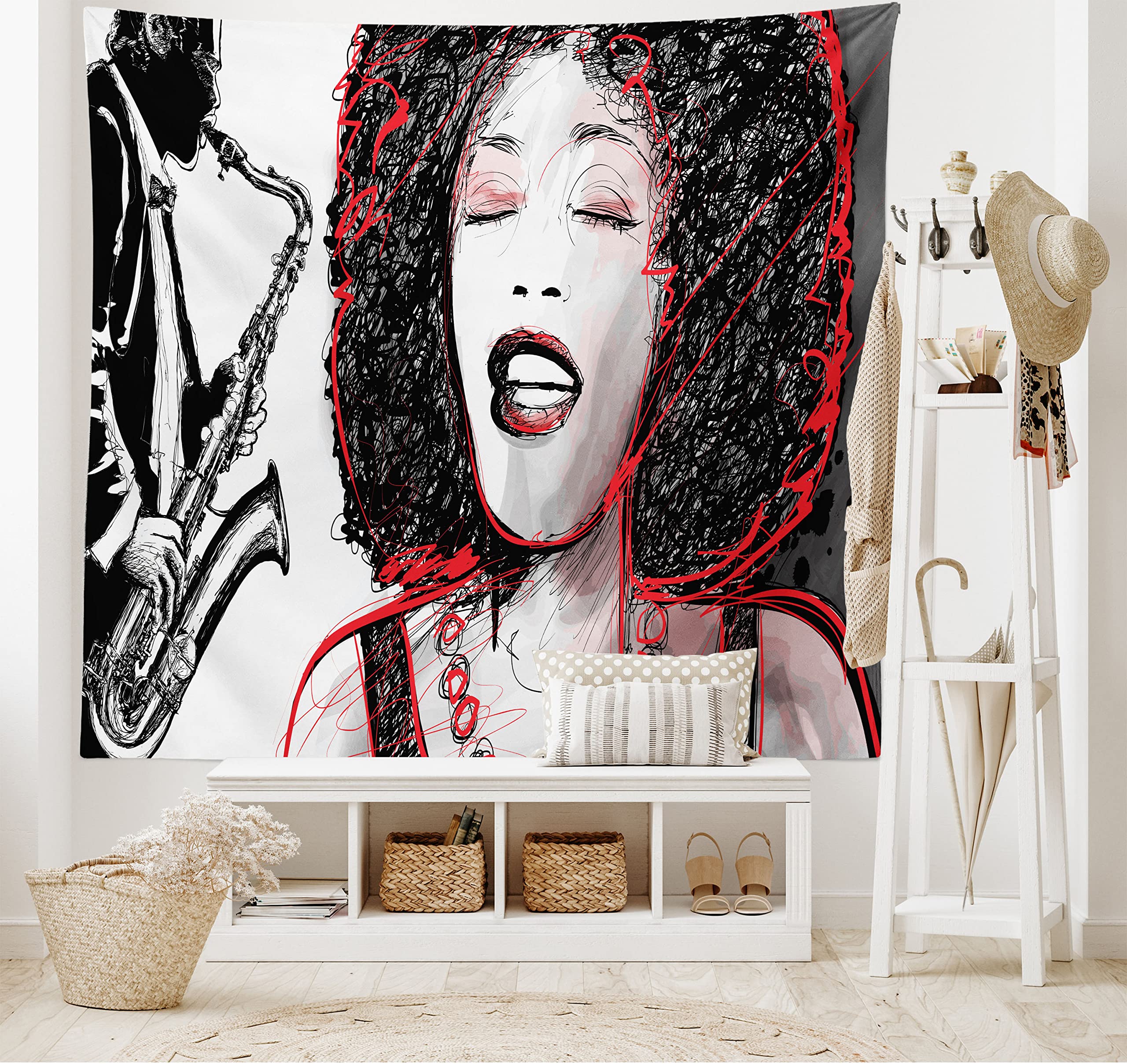 Ambesonne African Tapestry, Afro Lady Singing a Jazz Song with Saxophone Player Silhouette Vintage Design, Wide Wall Hanging for Bedroom Living Room Dorm, 80