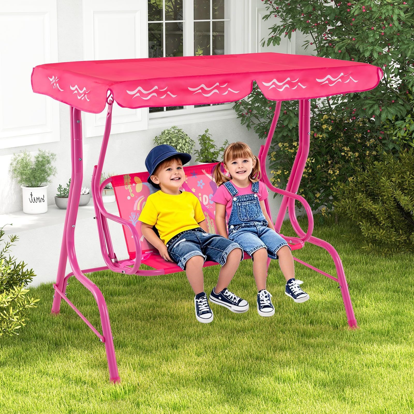 KOTEK Kids Patio Swing, 2-Seater Outdoor Hanging Bench with Adjustable Canopy, Safety Belt & Curved Armrest, Kids Swing Chair with Stand for Backyard,