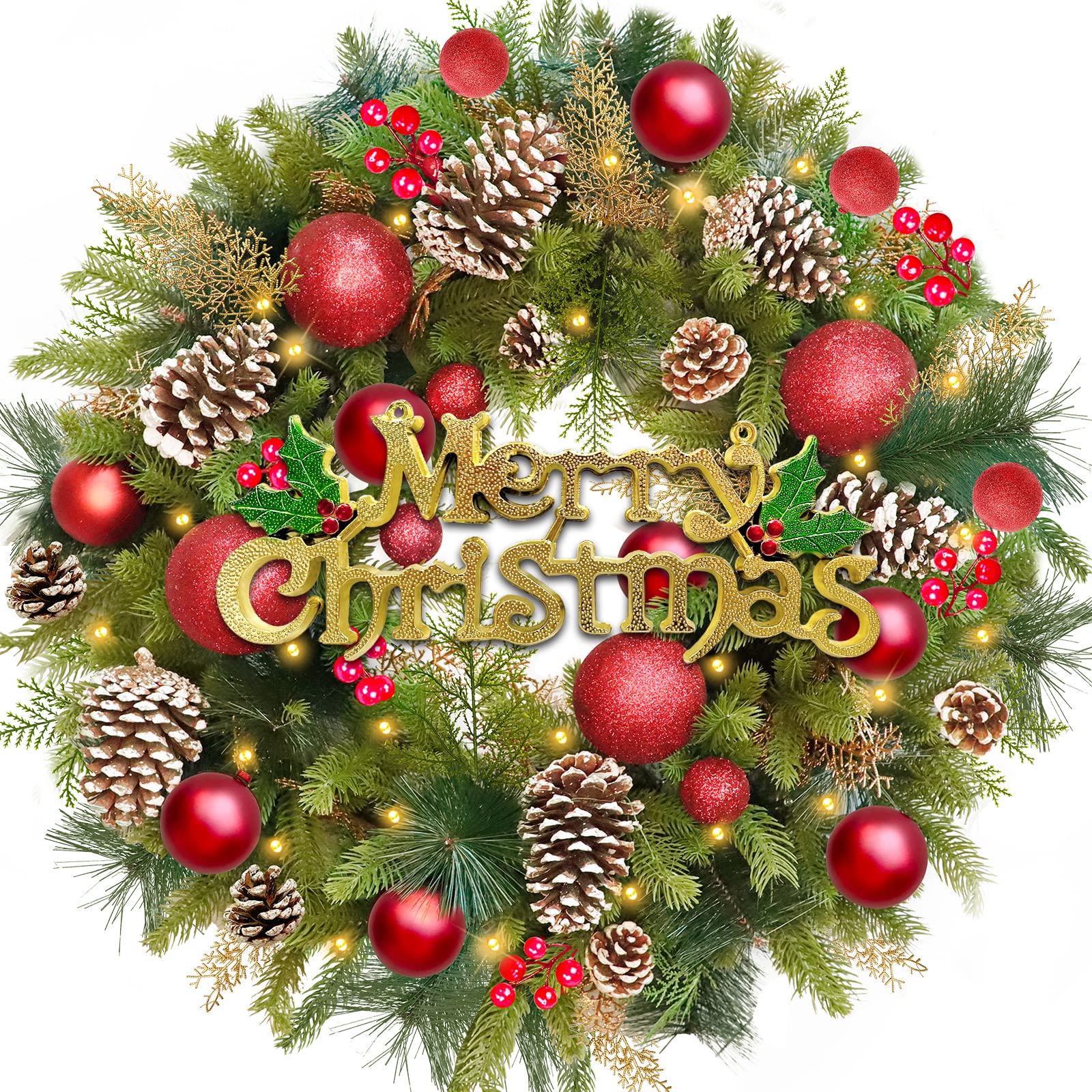 [ Very Thick & Realistic Feel ] 26 Inch Prelit Christmas Wreath Decoration Front Door 80 Lights Timer Battery Operated Merry Christmas Sign Dual Metal Frame 18 Balls 12 Pinecones Berry Xmas Decor Home