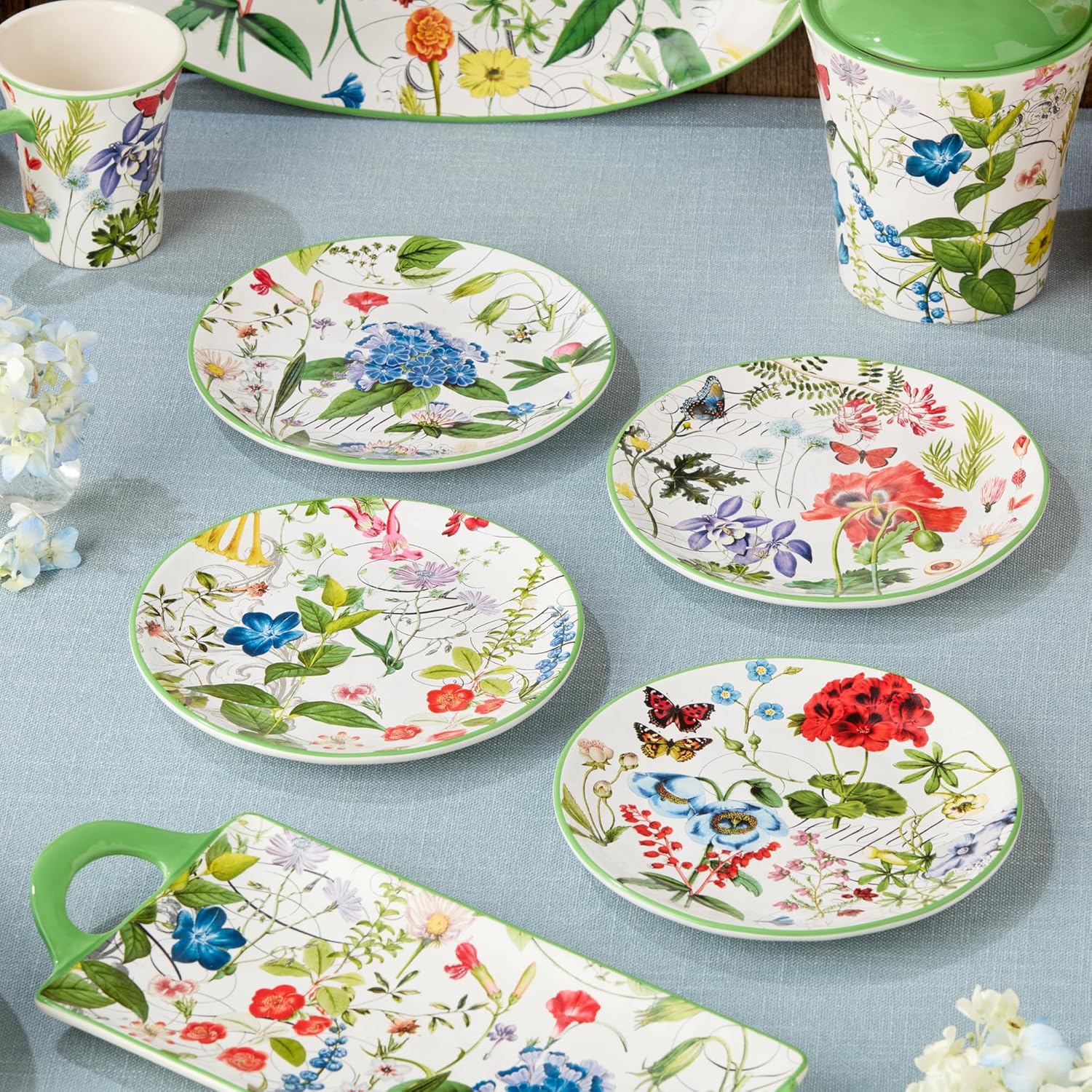 Greenhouse 9-Inch Salad Plates, Set of 4, Vibrant Botanical Design with Butterflies & Dragonflies, Durable Ceramic, Dishwasher & Microwave Safe, Perfect for Salads, Appetizers & Desserts