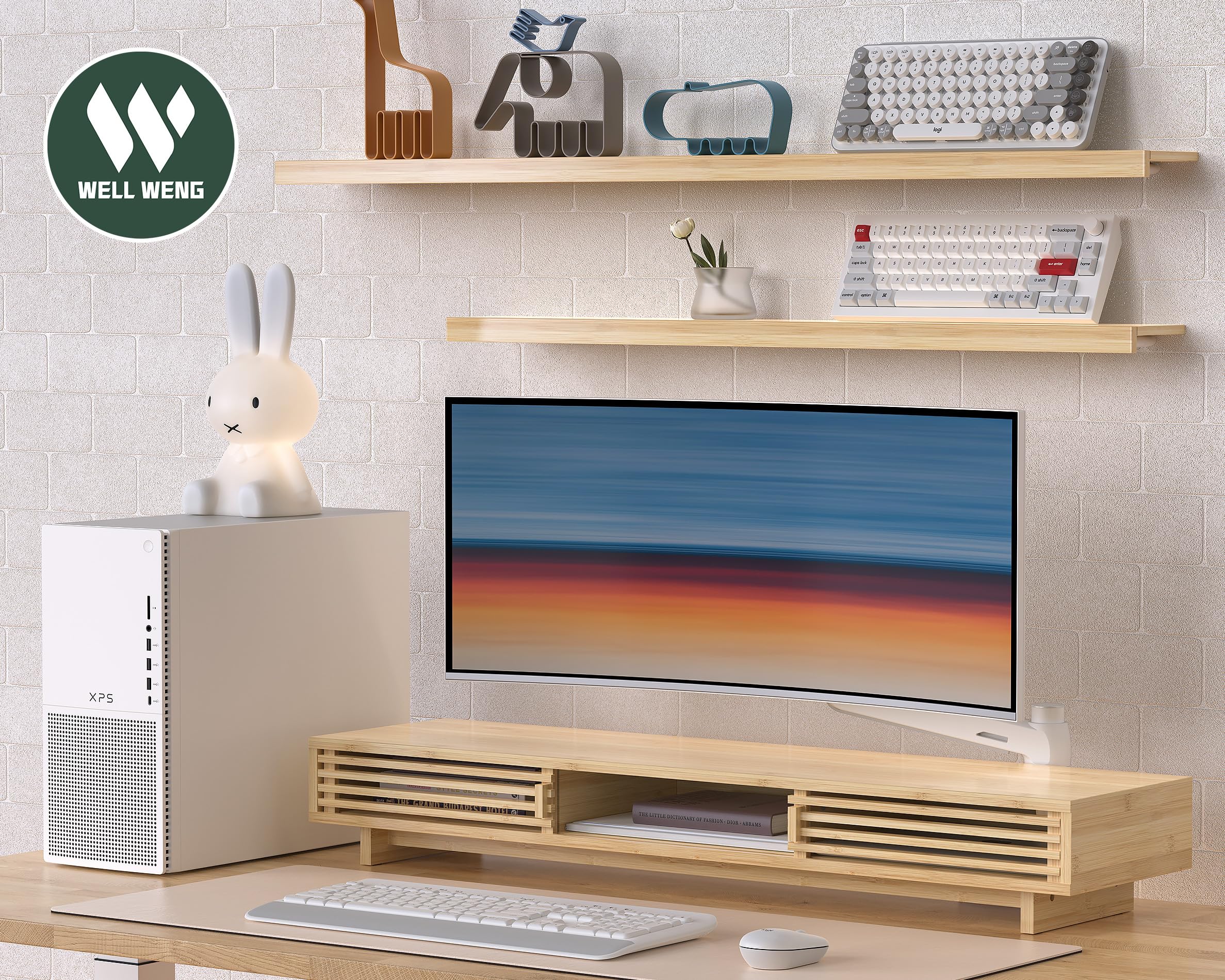 WELL WENG Dual Monitorständer Riser aus Holz für Monitor Bambus 96.7cm | Bildschirmerhöhung 2 monitore mit Schiebetüren im Gitter-Design Schreibtisch-Regal-Organizer mit Ordnungssystem