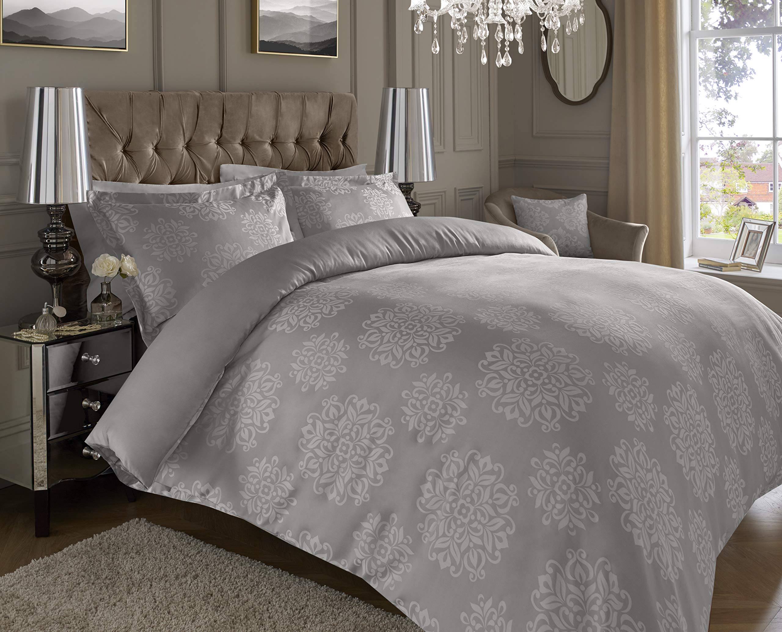 Lavish Label 600TC Jacquard Duvet Set (230 x 220 CM) with 2 Oxford pillowcases (45 x 75 CM) | Cotton Rich Soft & Comfortable Bedding Set (Silver, King)