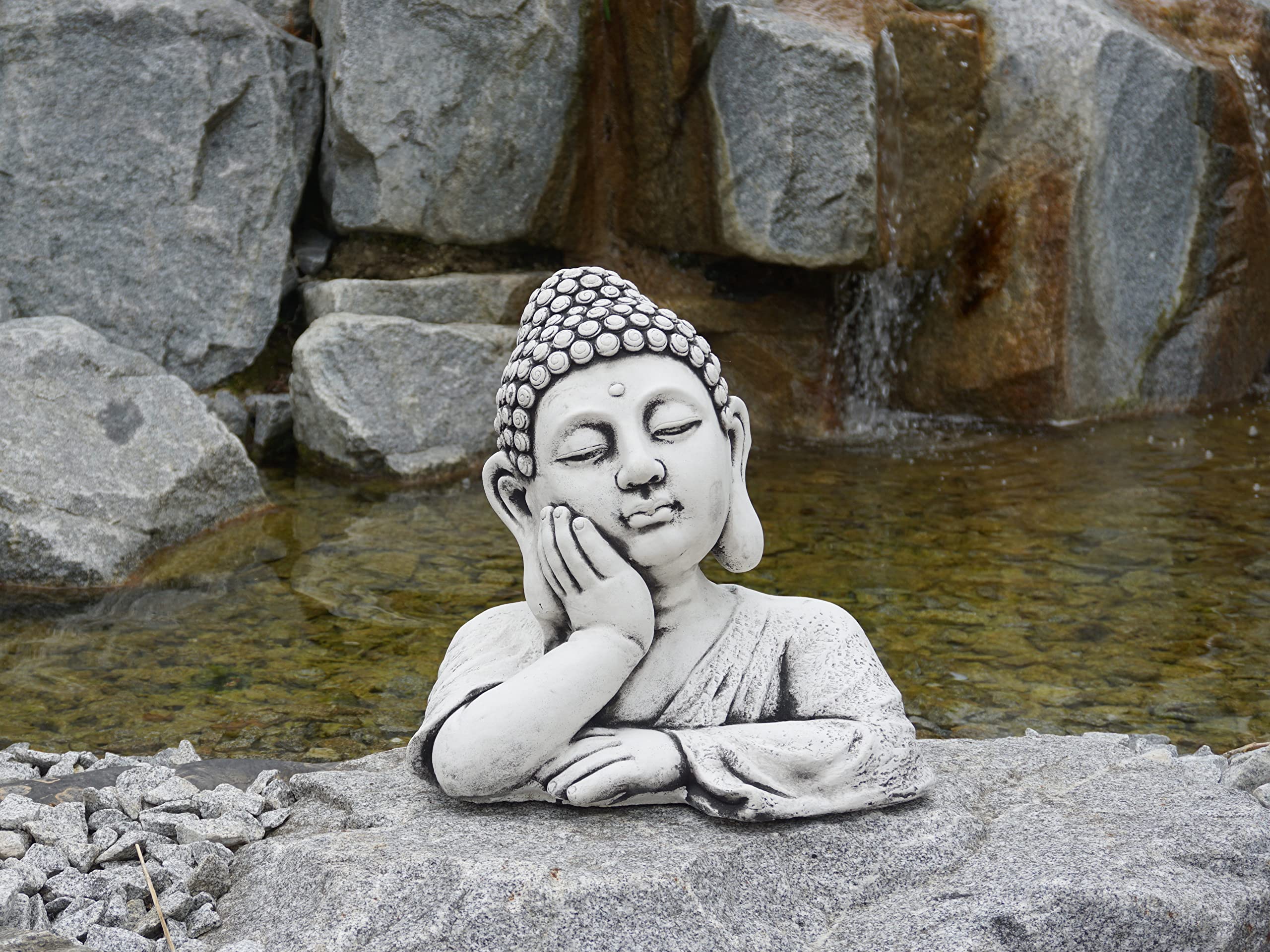 gartendekoparadies.de Buste de Bouddha imposant en pierre, H. 35 cm, 18 kg, gris, résistant au gel, en pierre coulée, pour l'extérieur