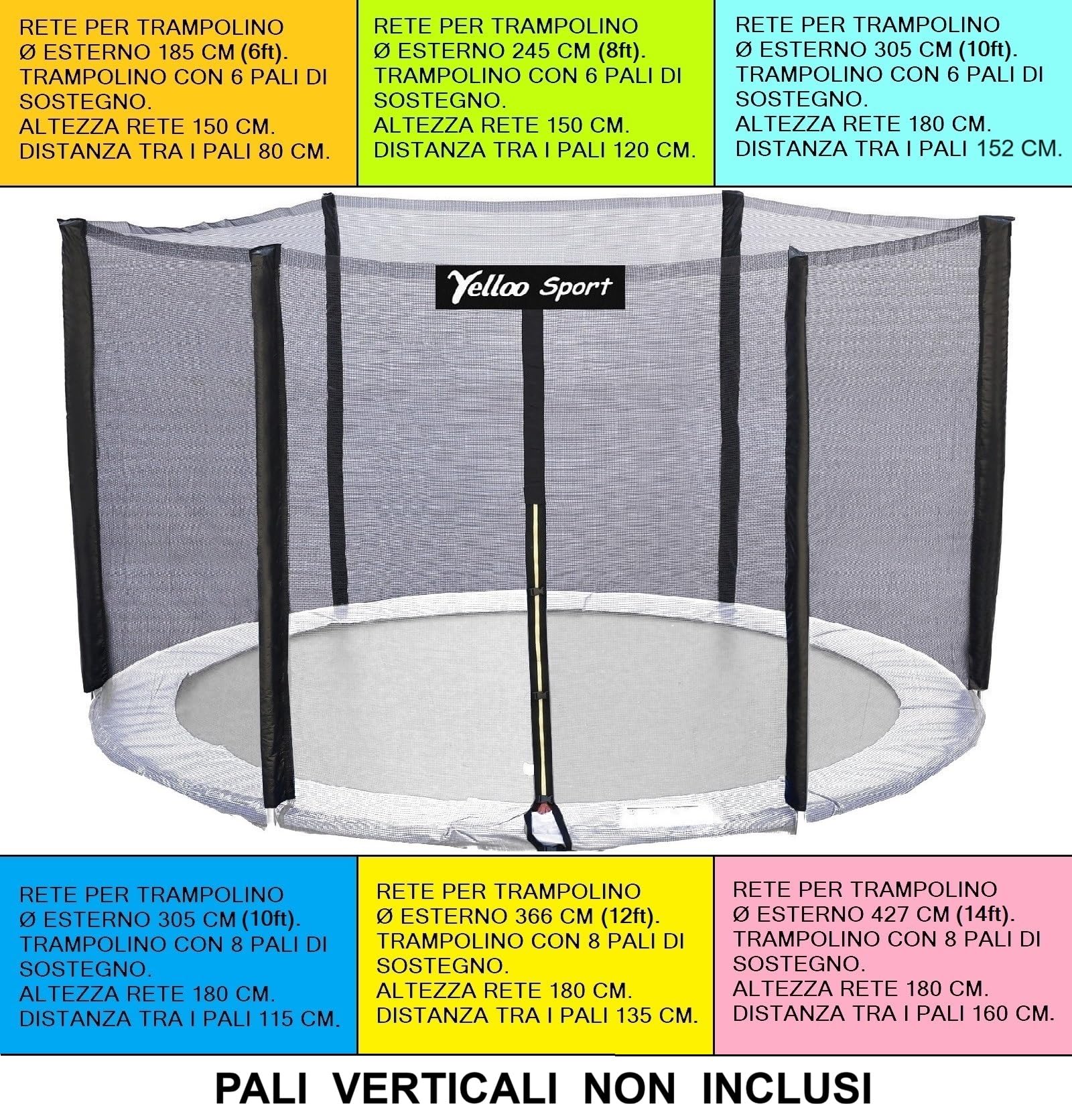 YELLOO - Rete Trampolino Elastico di Sicurezza (Diametro: 185, 245, 305, 366, 427) Rete Sostitutiva Ricambi Trampolino Elastico con Certificato CE TUV GS, Segui le Istruzioni Facili e Prendi le Misure