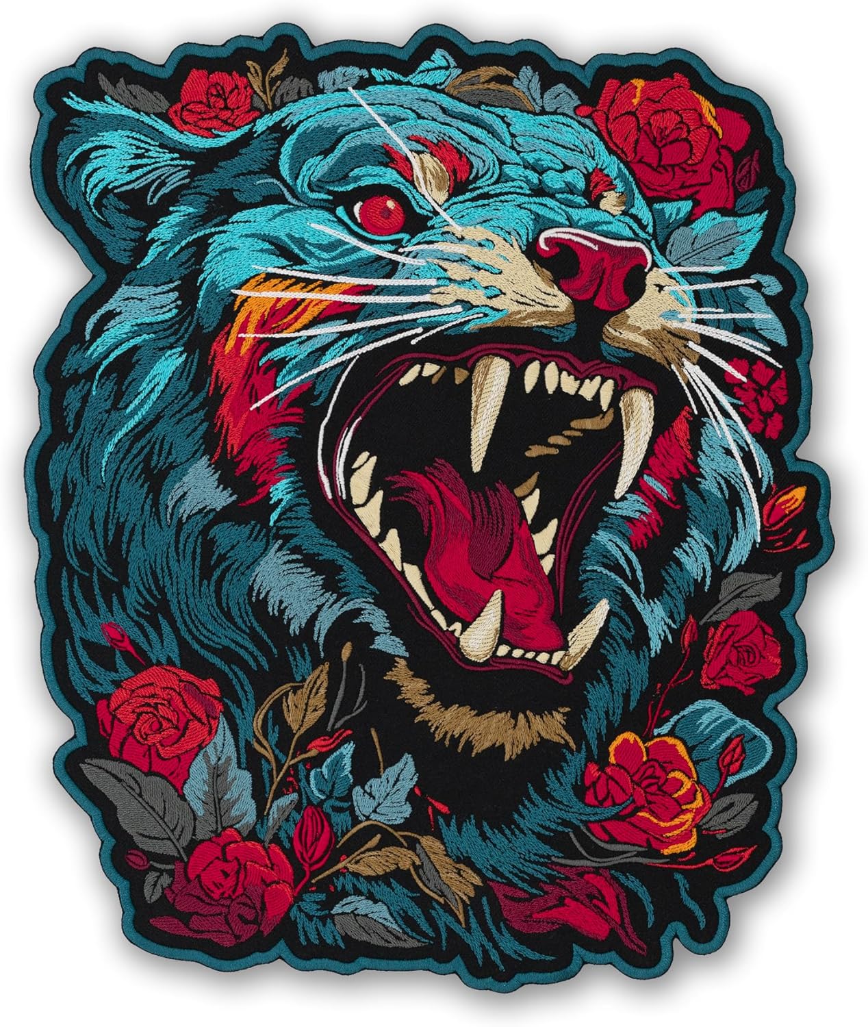 EMBROVERSE Roaring Panther Large Back Patch - Fierce Feline Beast with Roses - Embroidered Floral Applique for Jacket - Iron-On Denim Accessory, 11.5 x 13.7 inches