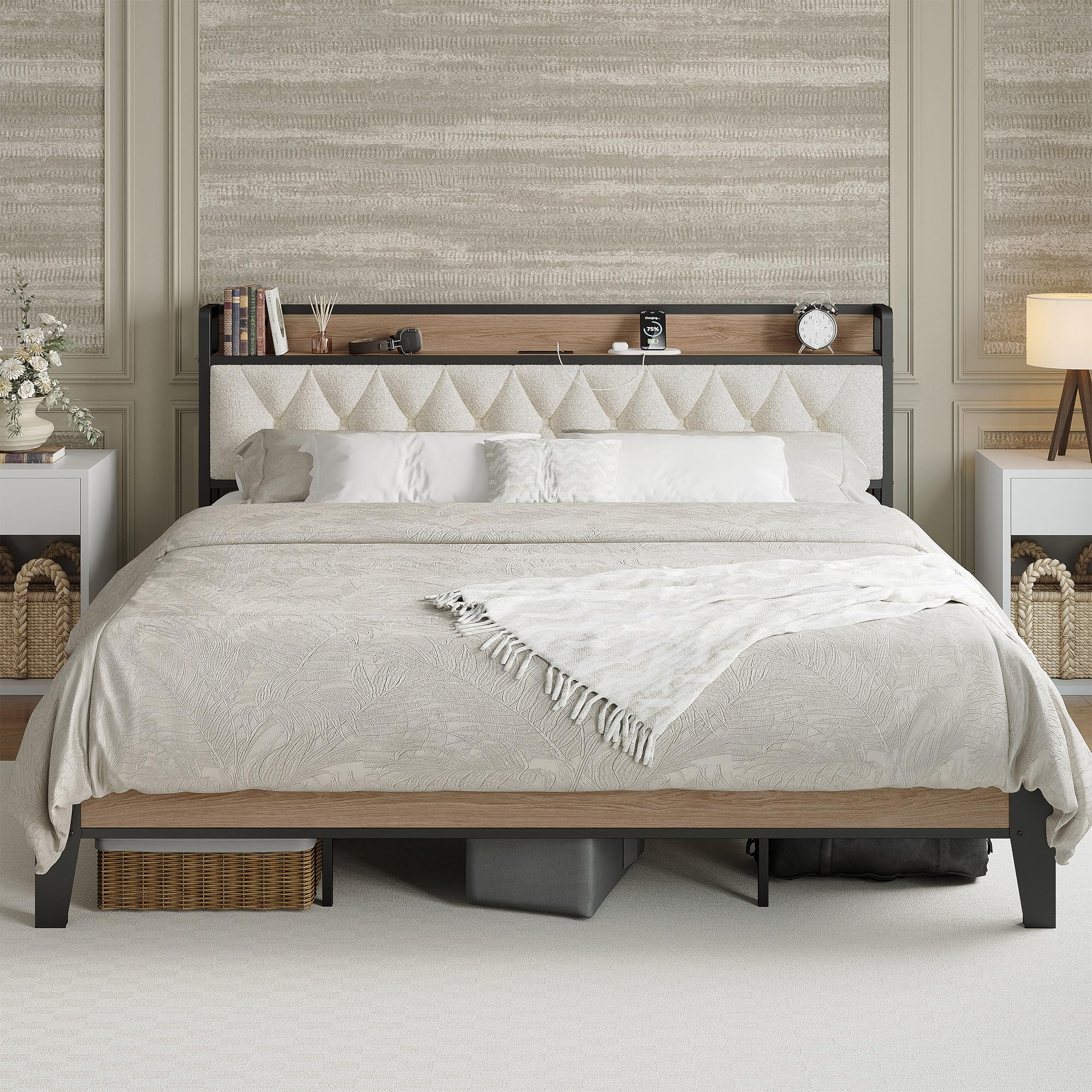 ANCTOR King Bed Frame, Storage Headboard with Charging Station, Platform Bed Frame with Strong Metal Support, Sturdy and Stable, Noise Free, No Box