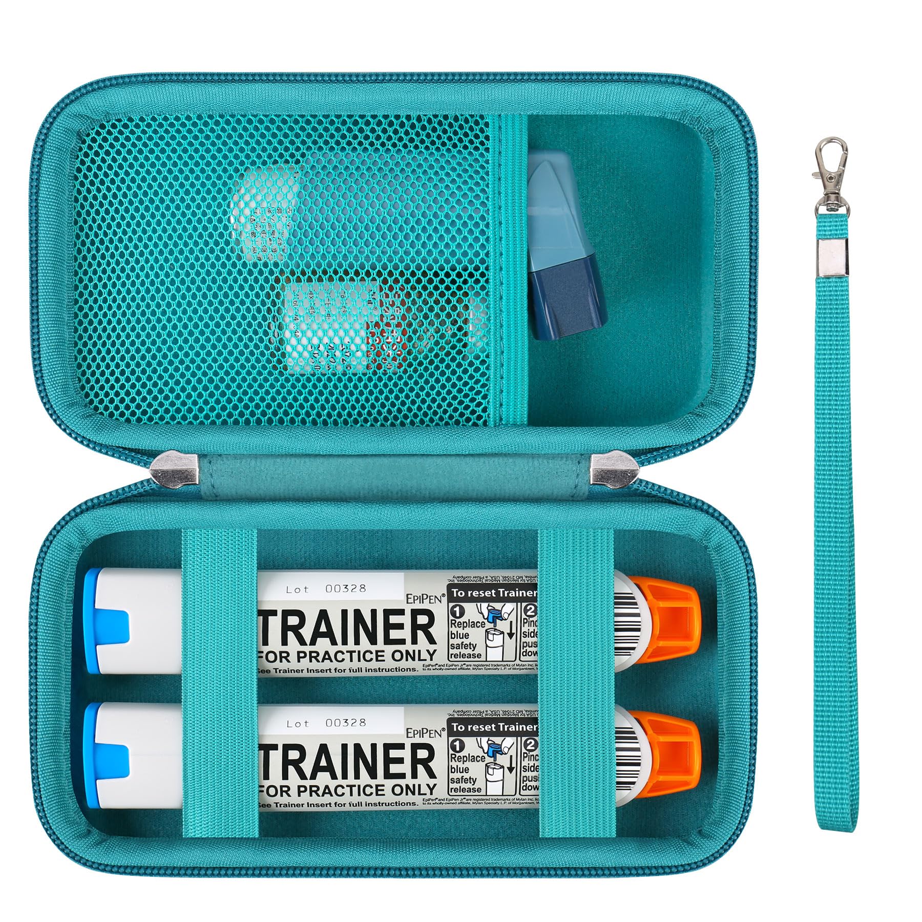 Hard Carrying Case Compatible with 2 EpiPen's or Auvi-Q, Epinephrine Pen, Medical Travel Case with Mesh Pockets for Asthma Inhaler, Eye Drops, Green+Green