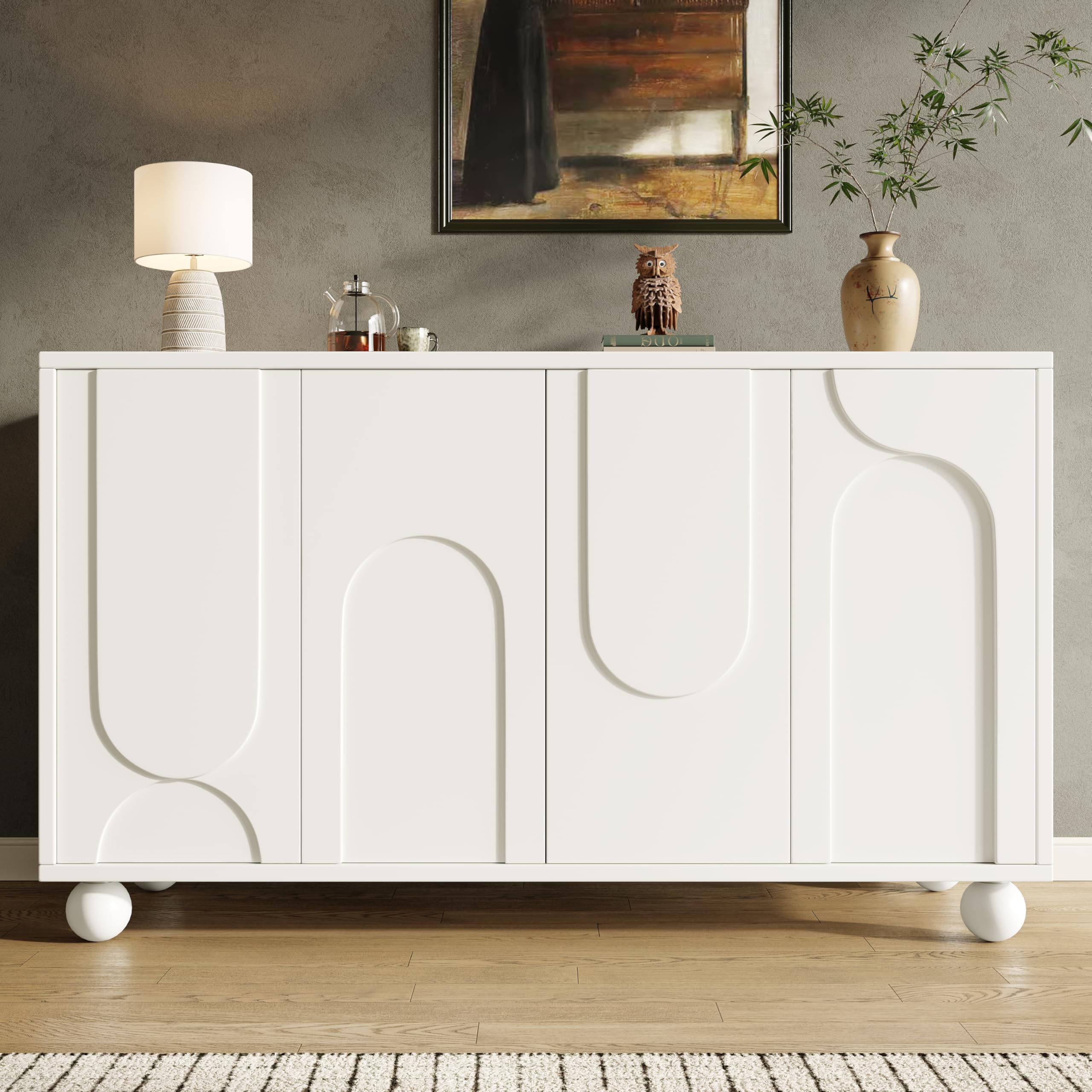 Merax Sideboard 120cm, Küchenschrank mit 4 Türen, Moderner Küchenkommode, Buffetschrank mit verstellbare Ablage, Designtüren, Kippsicher, Holz Aufbewahrungsschrank für Küche Wohnzimmer Esszimmer, Weiß