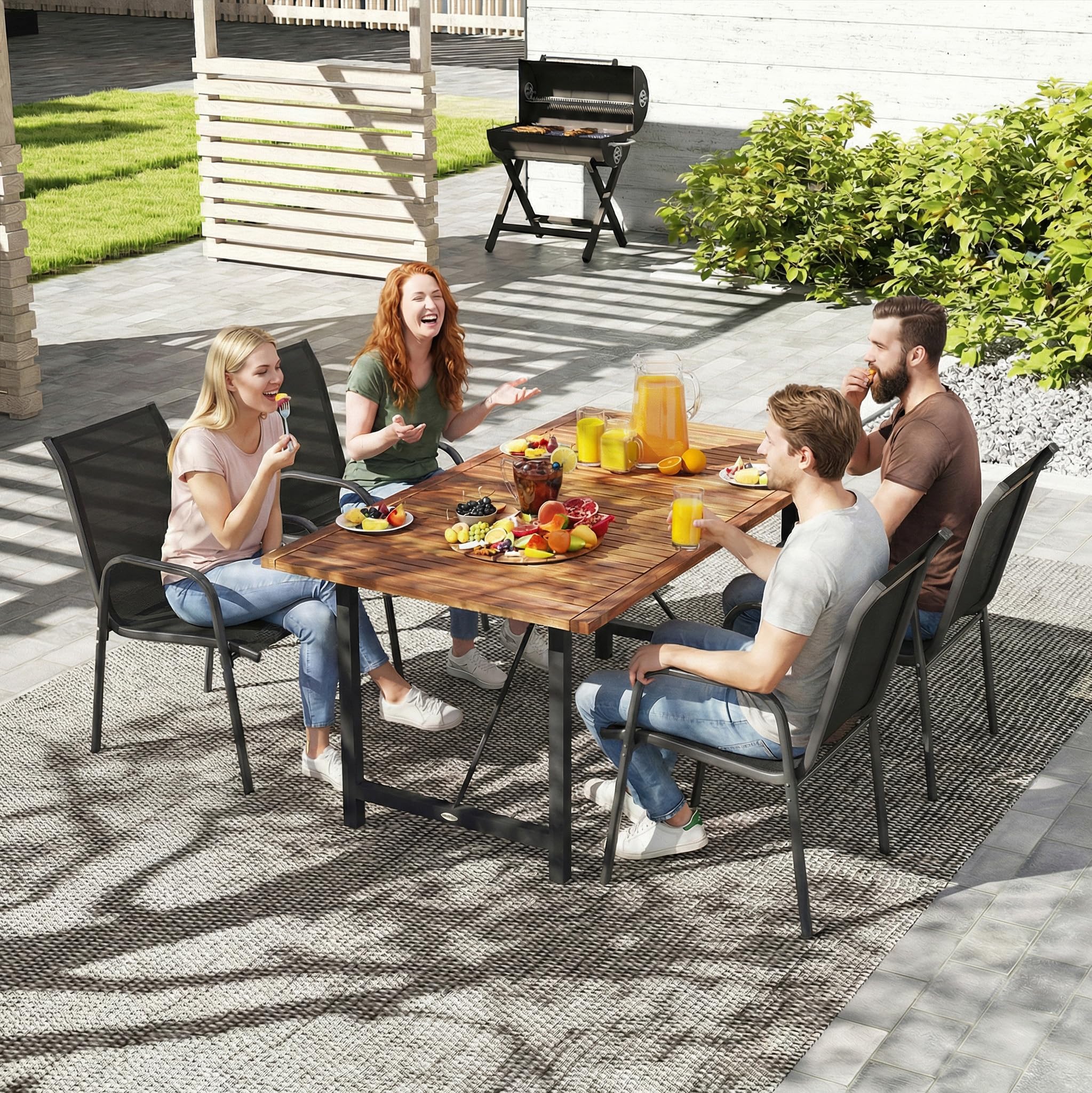Outsunny Set 4 Sedie da Giardino Impilabili in Texteline Traspirante, Sedie per Pranzo da Esterno con Schienale Alto e Braccioli, in Metallo, da Patio, Balcone, Terrazza, Esterno, 51x69x87 cm, Nero