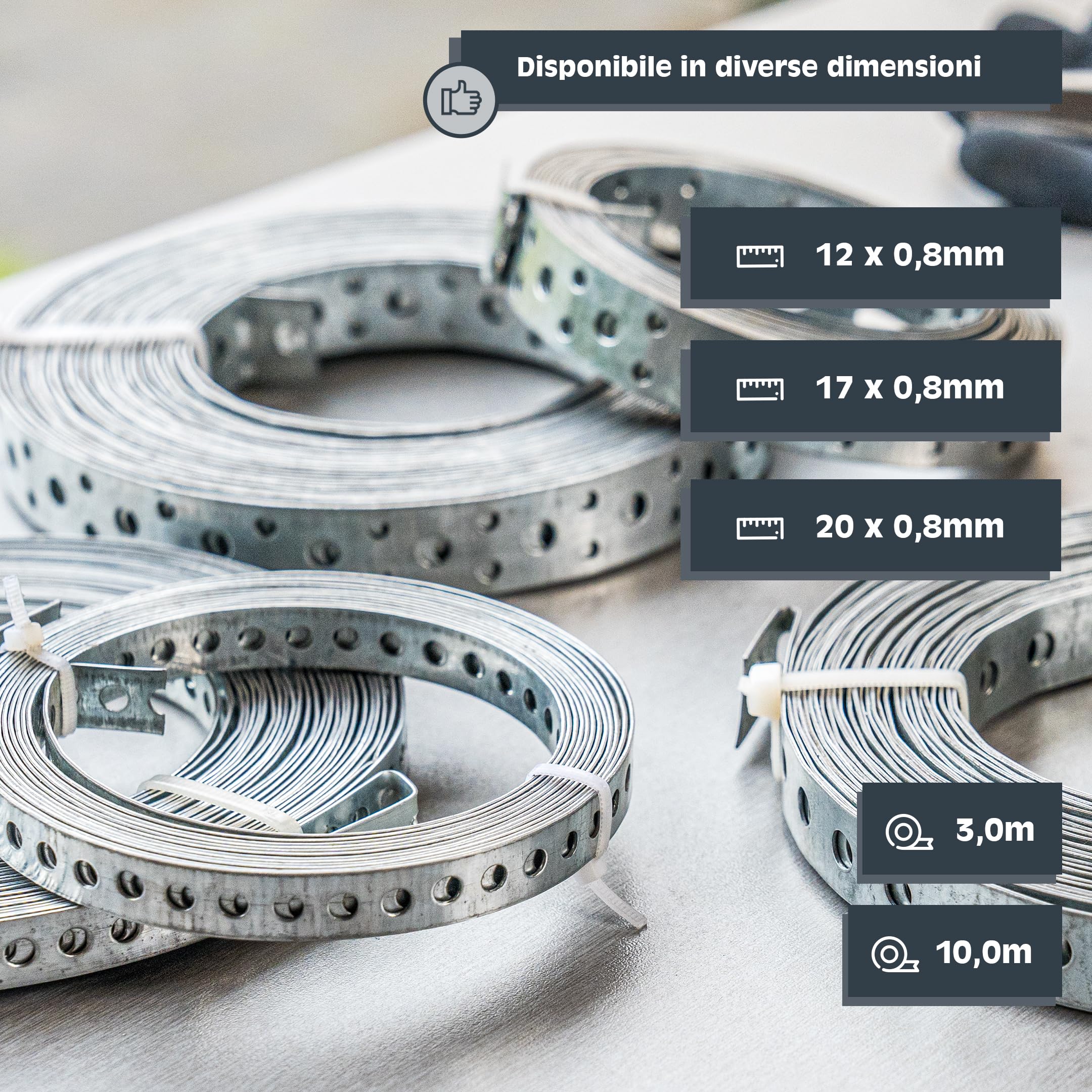 HELPMATE Nastro perforato 10 m di lunghezza - acciaio zincato sendzimir - larghezza 20 mm - spessore materiale 0,8 mm - zincato di alta qualità - Robusto per costruzione, officina, progetti fai da te
