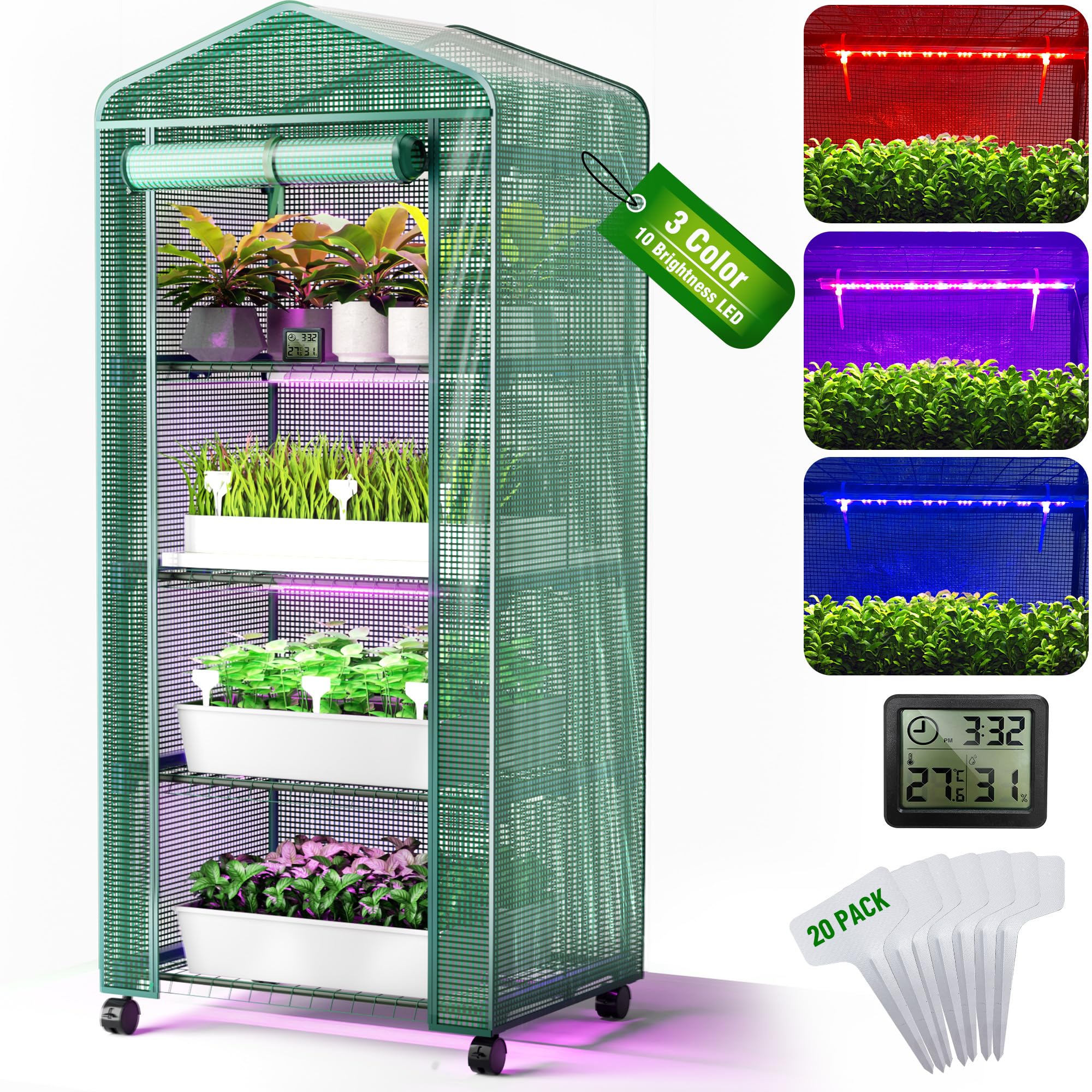 PYY Mini serra per interni con luce di crescita, piccola armadio portatile per piante verdi con ruote, termometro, copertura per tenda in PE, 4 ripiani da giardinaggio regolabili da