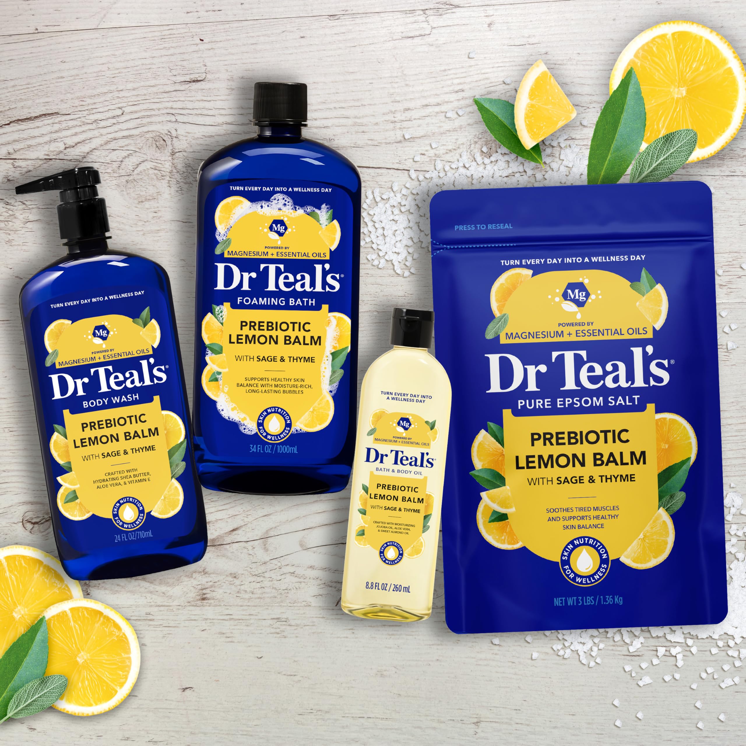 Dr Teal's Epsom Magnesium Salt Soak with Prebiotic Lemon Balm, 3 lbs, Pack of 4