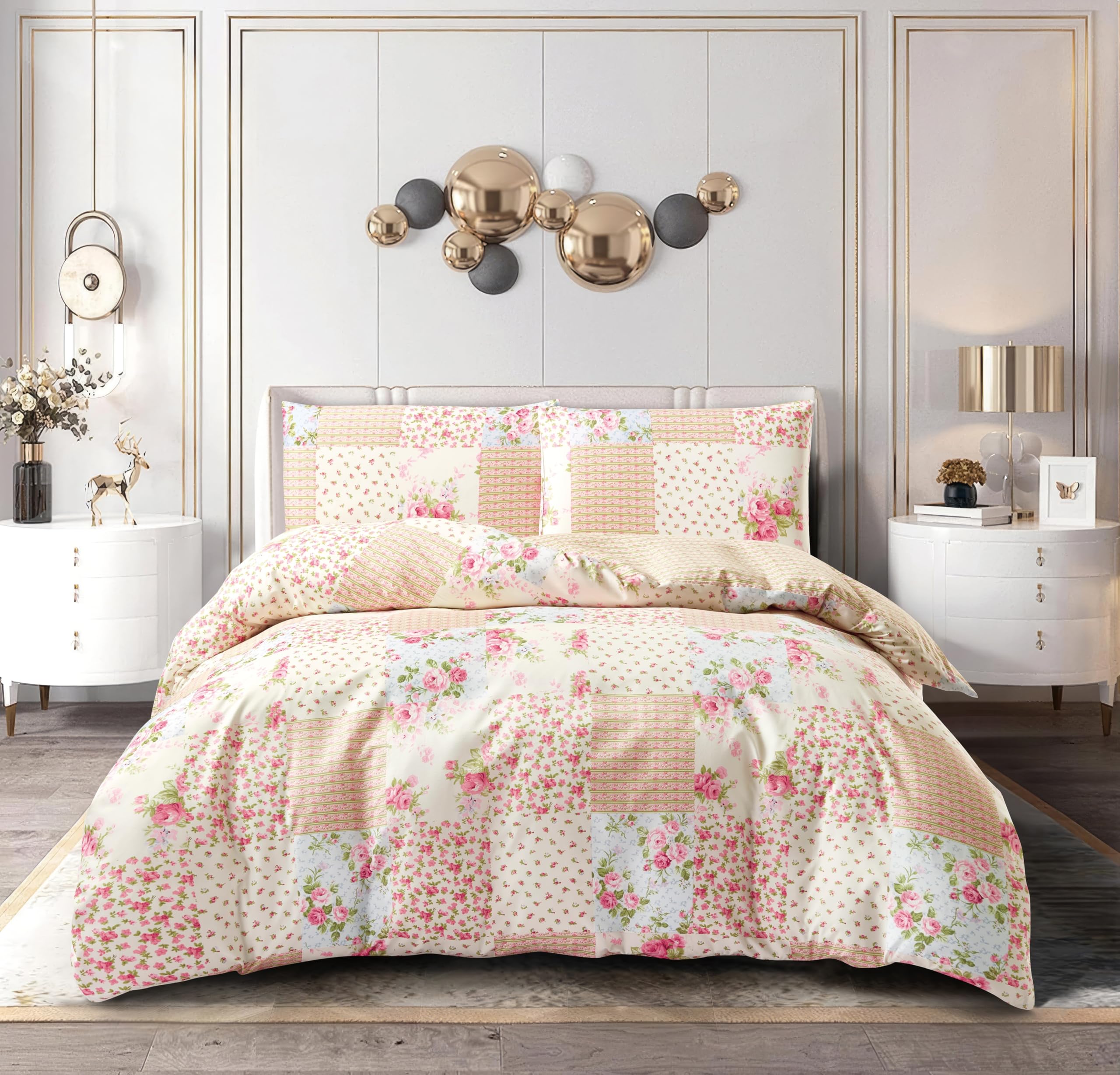 4-Piece Complete Bedding Set – Reversible Polycotton Duvet Cover with Fitted Sheet & Pillowcases Single, Double, King & Superking (Meadow, King)