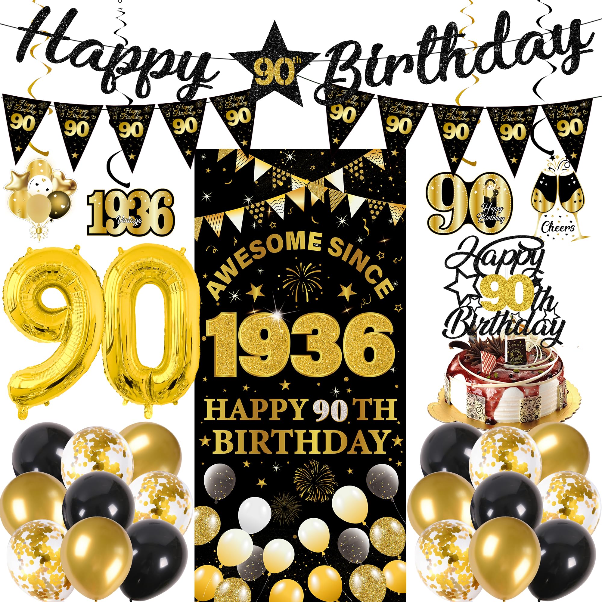 90th Birthday Decorations Men Women - 27 Pcs Black Gold Happy 90th Birthday Banner Triangular Flag Hanging Swirls Backdrop Cake Topper 90 Balloon Set for 90 Years Old Party Decoration Supplies