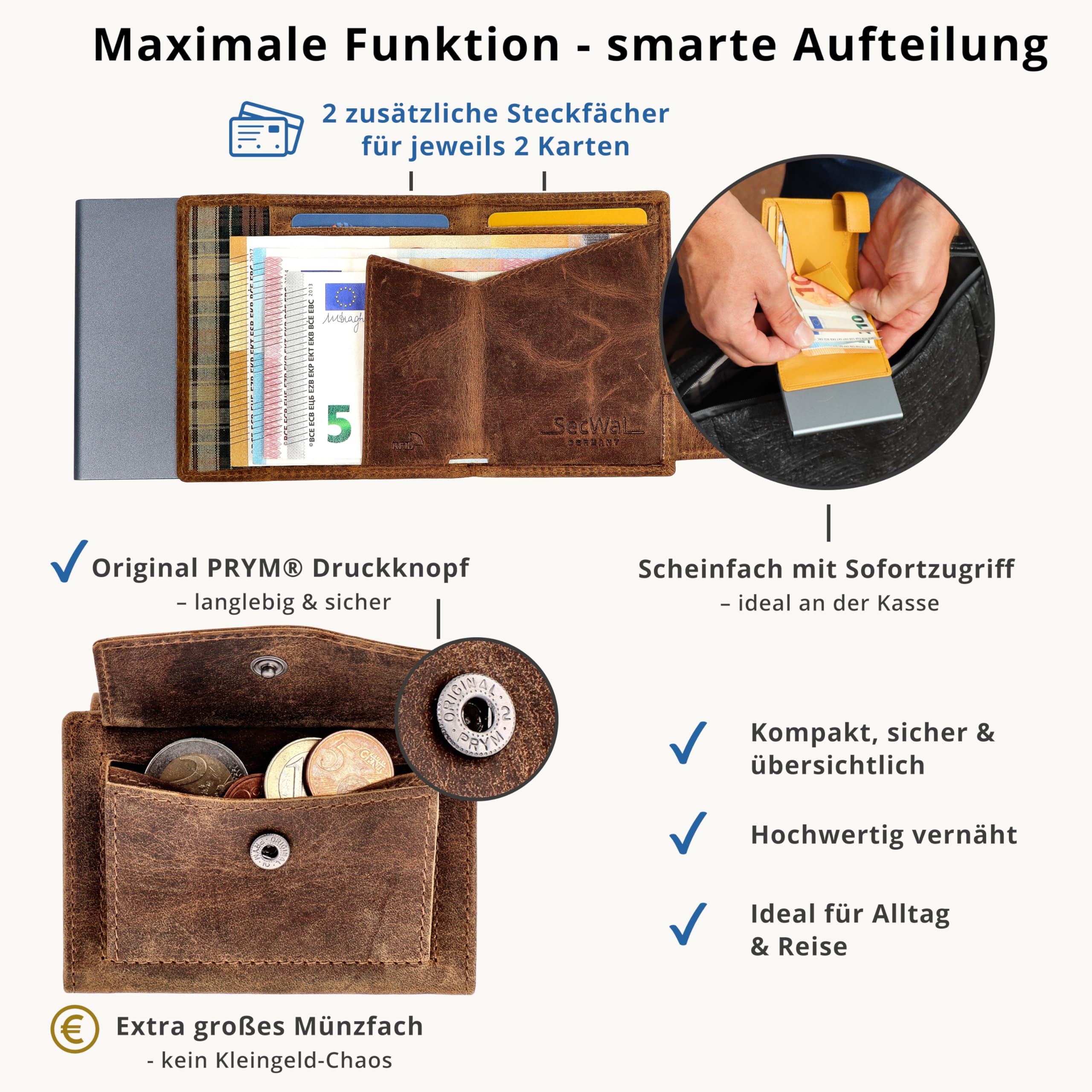 SecWal Kartenetui mit Münzfach Druckknopf inkl. Geschenkbox - Made in Germany - Echtleder Mini Geldbörse inkl. E-Book für Damen und Herren - RFID Schutz Portemonnaie Leder