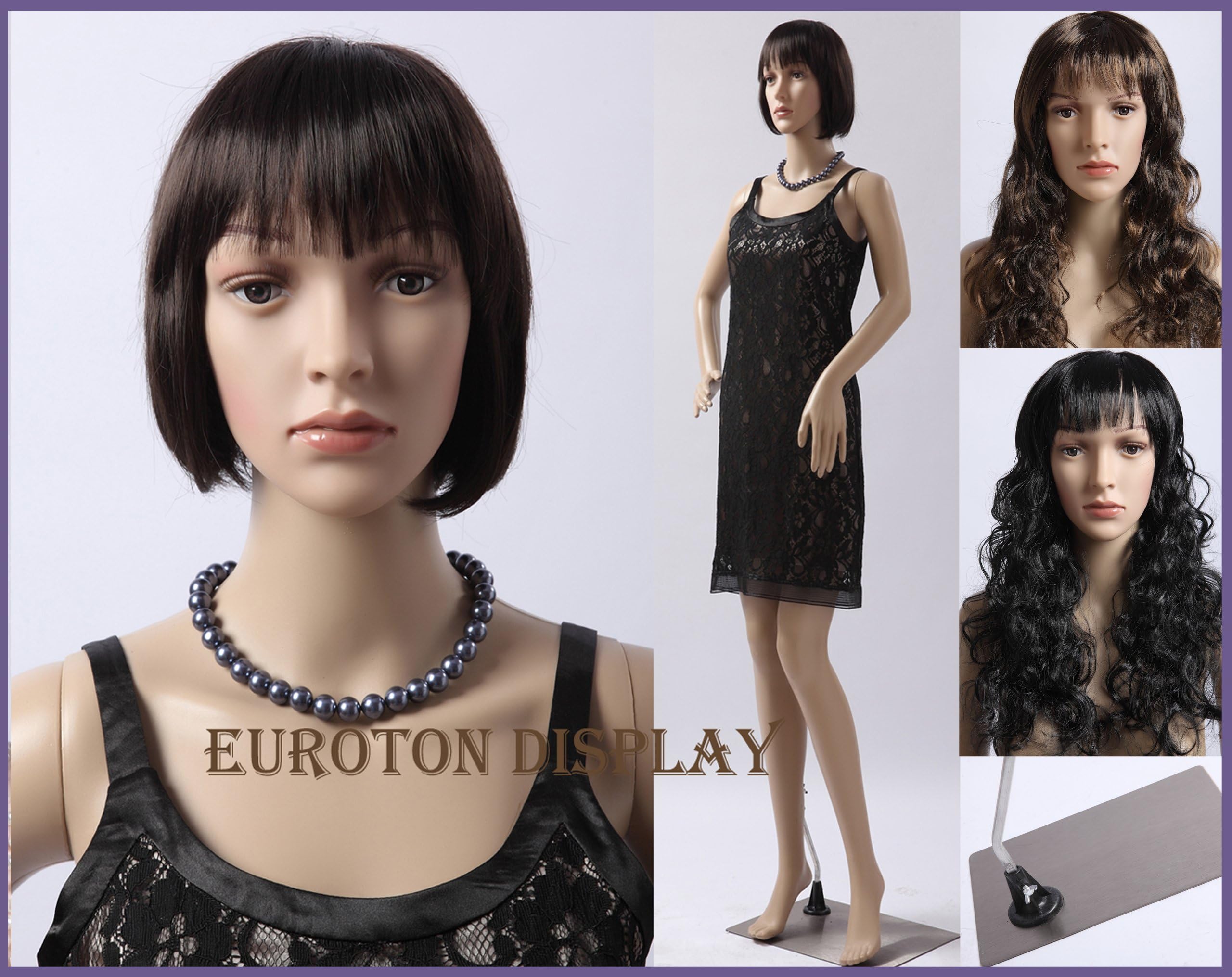 Female mannequin SF-8 full body manikin with 2 free long curly wigs (dark brown and black) and metal stand Head and arms can be rotated