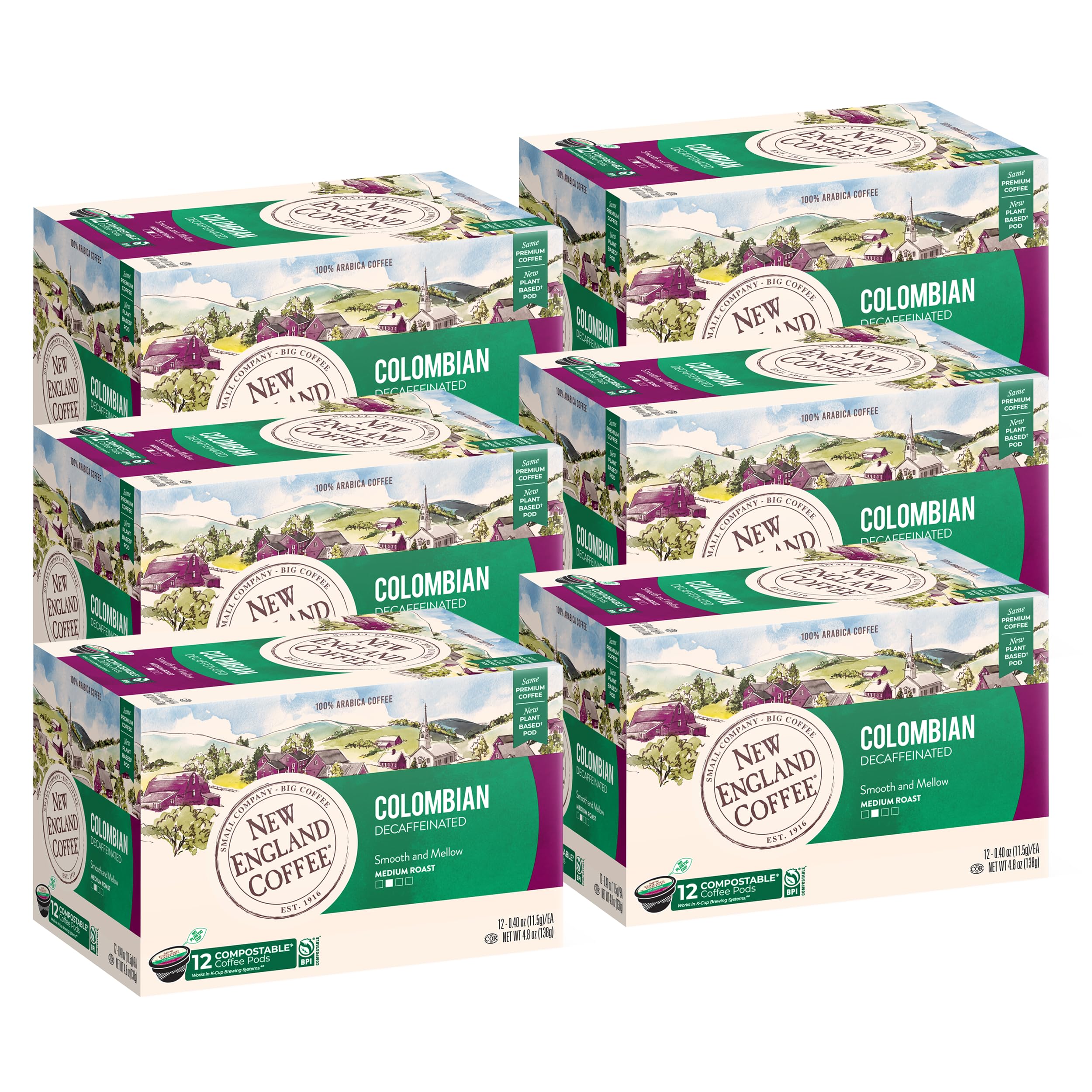 New England Coffee Colombian Decaffeinated Medium Roast Single Serve Pods, 12ct Box (Pack of 6)