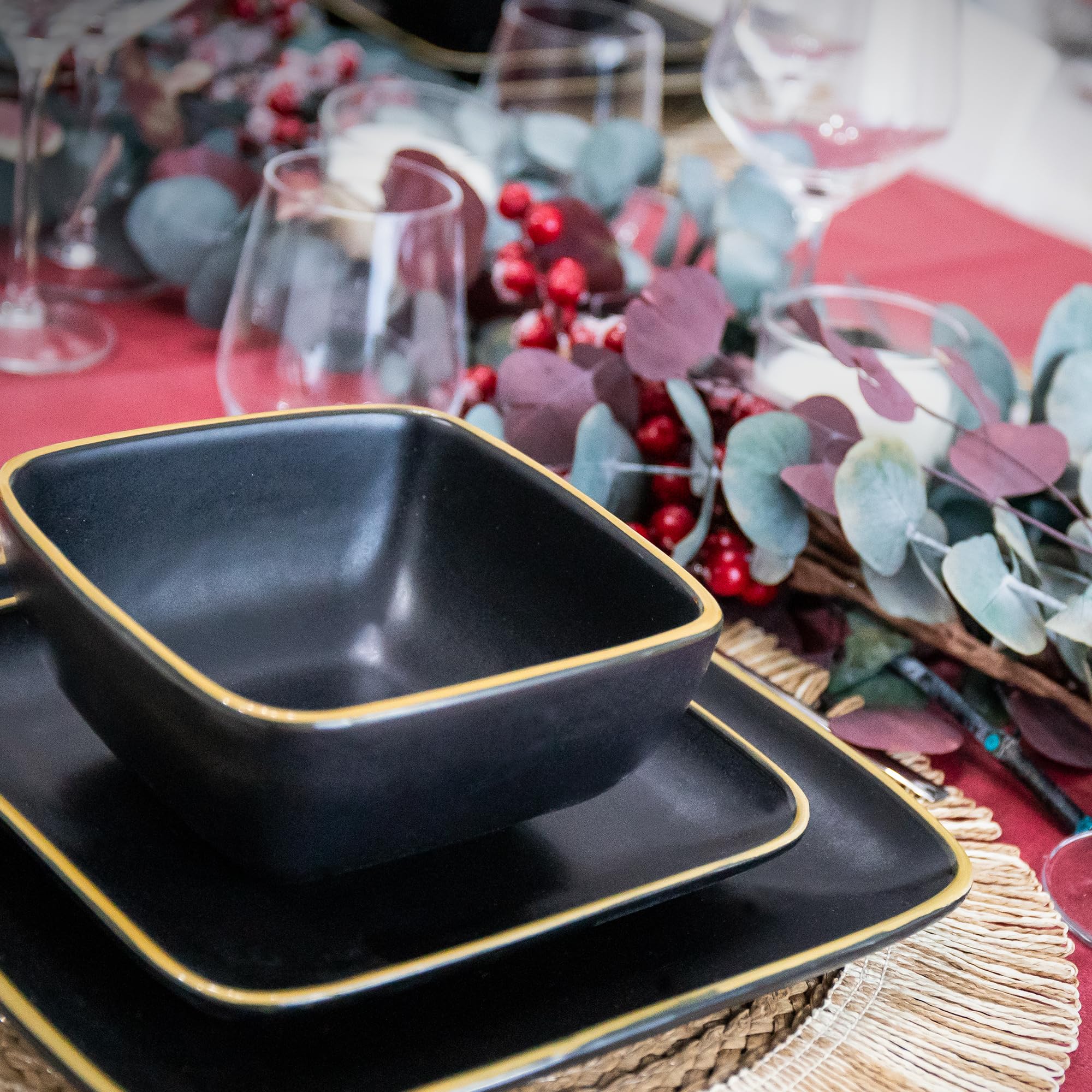 Cofan Czarna zastawa stołowa z kwadratową ceramiką, 20-częściowa, czarna, z krawędzią w stylu vintage, nadaje się do zmywarki, kuchenki mikrofalowej i piekarnika