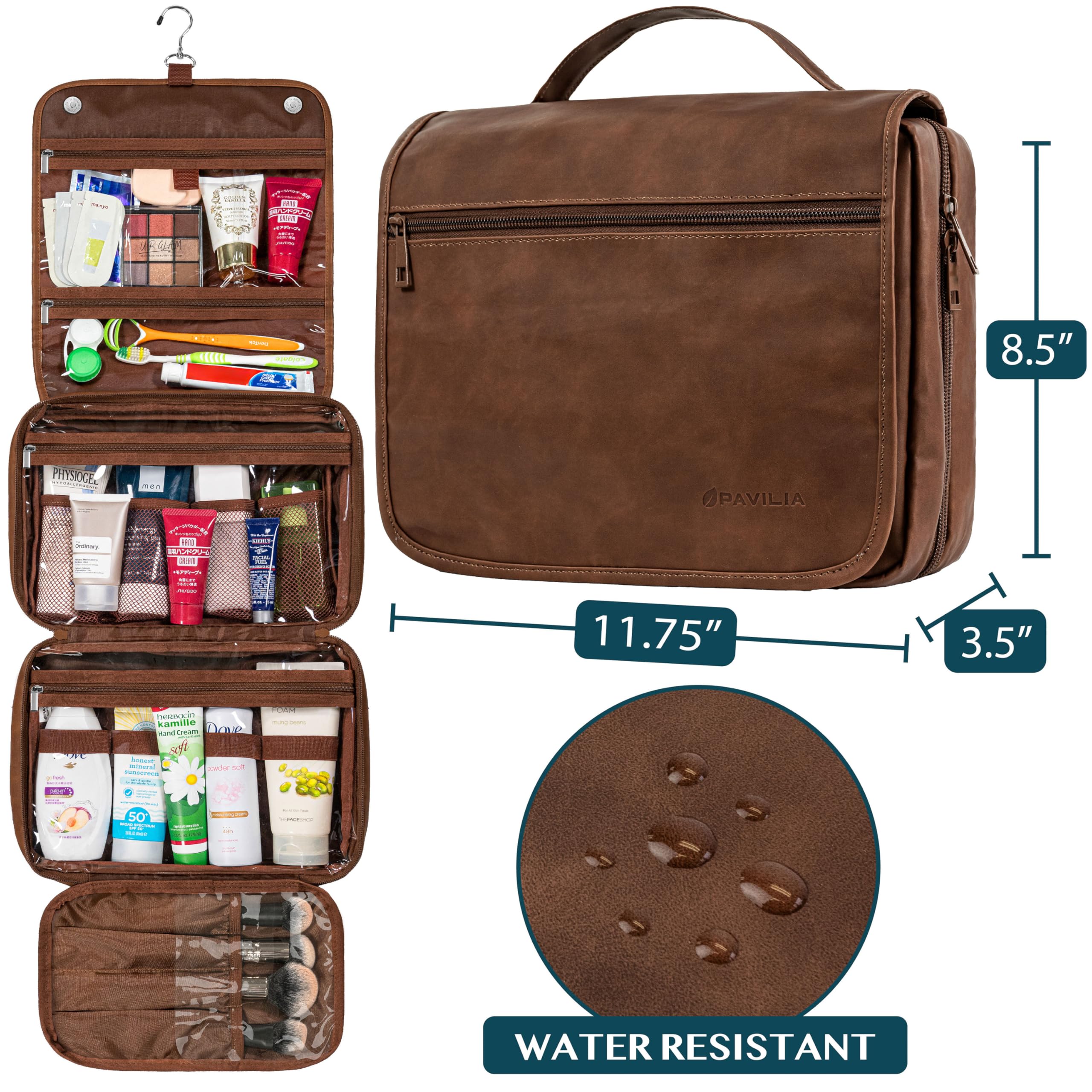 PAVILIA Hanging Toiletry Bag Women Men, Foldable Cosmetic Organizer Travel Bag, Water Resistant Makeup Bag Toiletries, Large Travel Essentials Kit (Dark Brown)