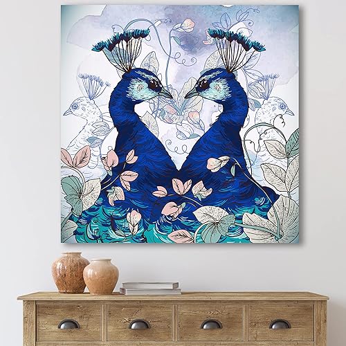 Miniatura 2 de Lienzo decorativo tradicional de dos pavos reales azules con flores silvestres, 16 x 16 pulgadas