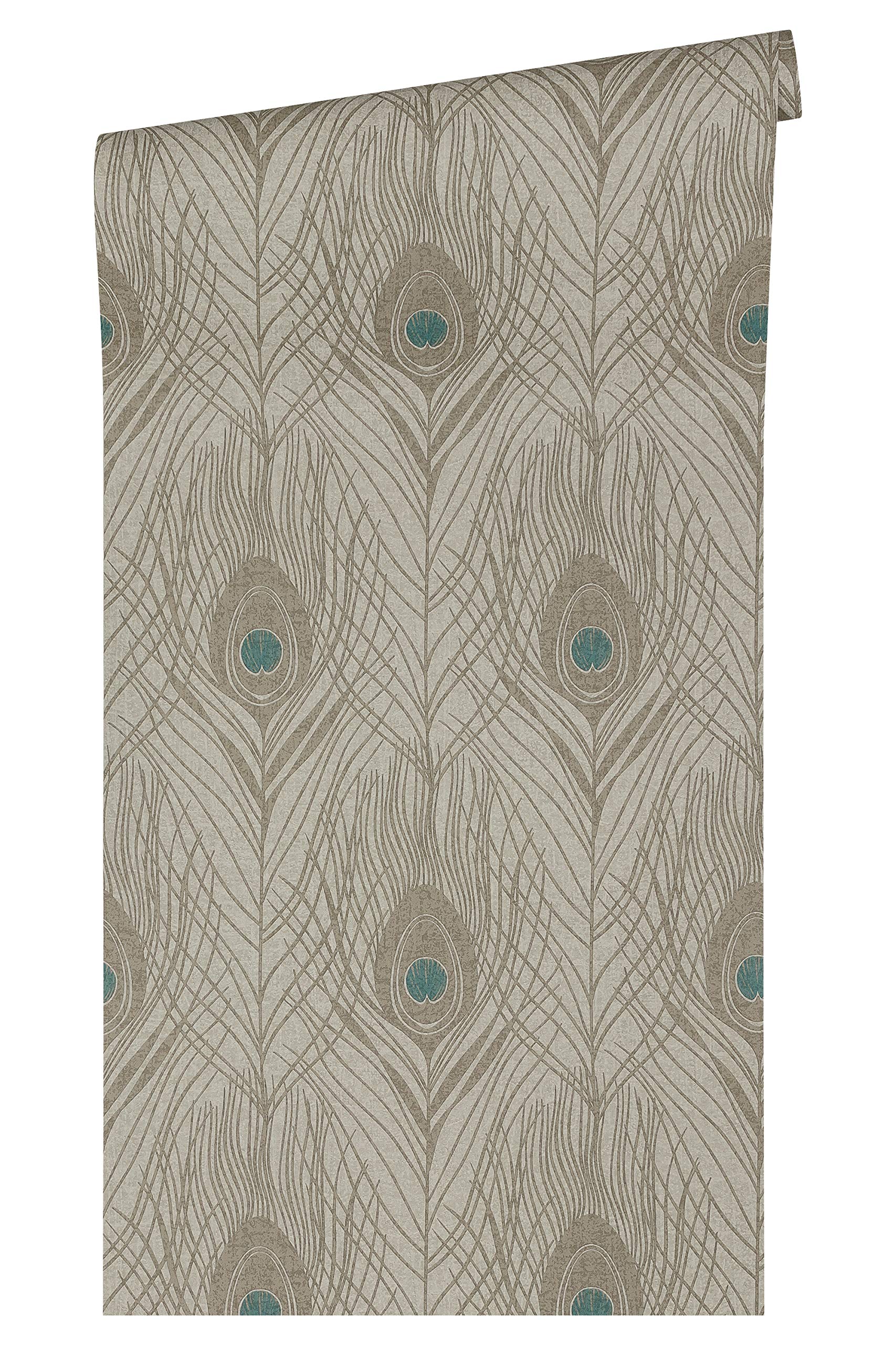 A.s. Création Brown, Grey, Blue Architects Paper Non-Woven Wallpaper Absolutely Chic Wallpaper With Peacock Feather 10.05 M X 0.53 M Blue Brown Grey Made In Germany 369716 36971-6