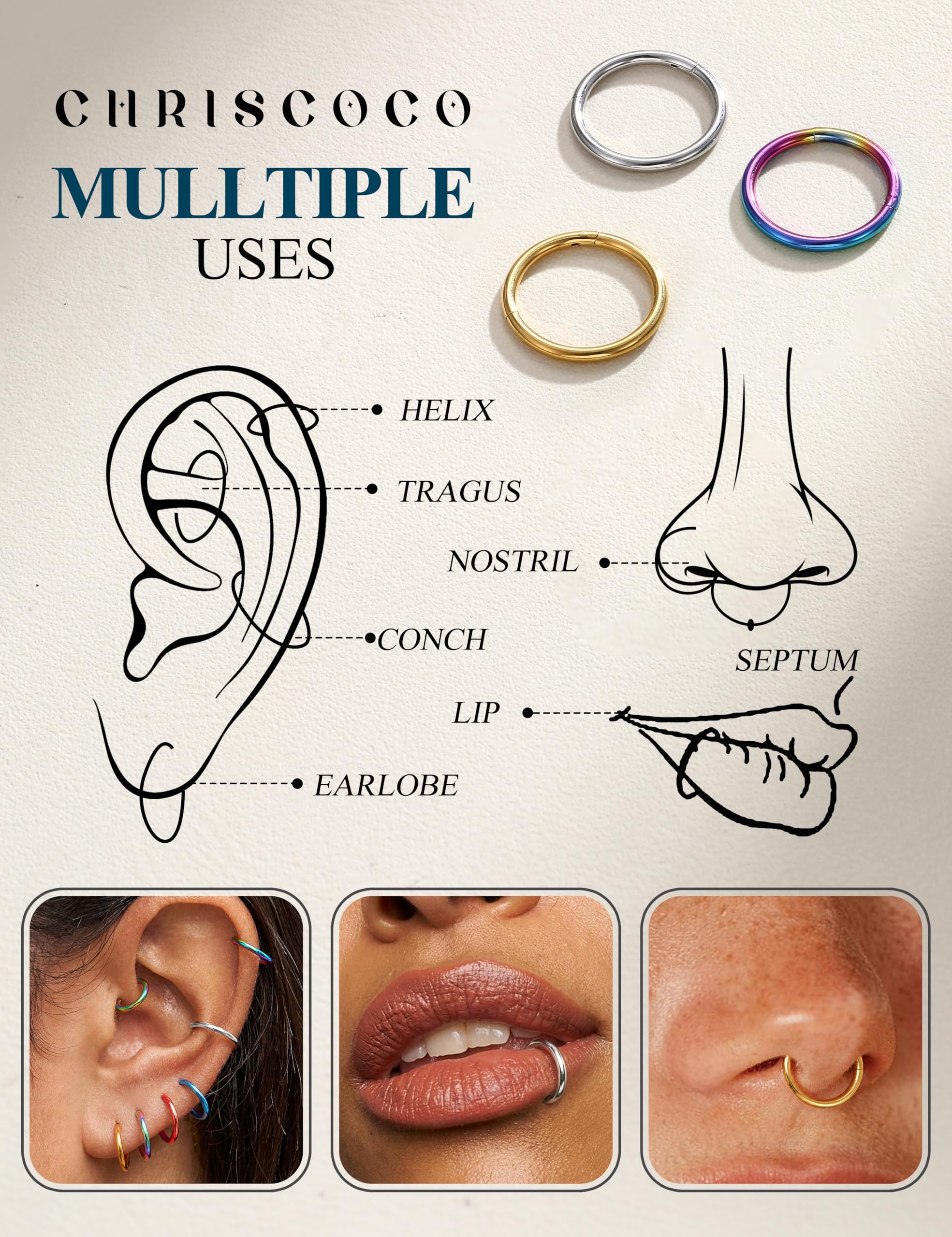 10 Stück 16/18G Nasenring mit Scharnier, chirurgischer Stahl, Nasen-Clicker-Ring, Hoop-Segment, Lippe, Helix, Knorpel, Septum, Daith, Tragus, Helix, Rook, Creolen, Piercing