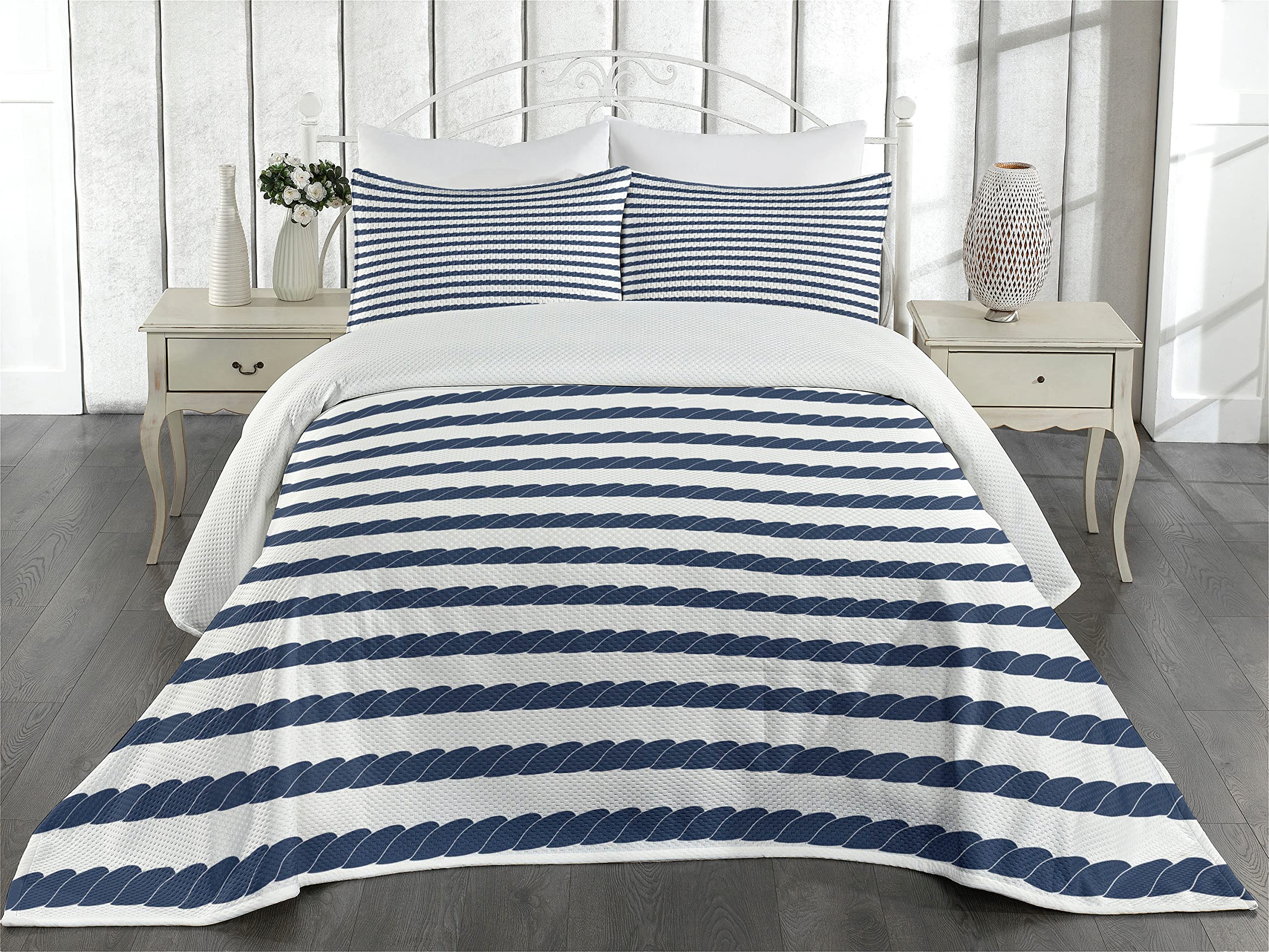 Ambesonne Navy Coverlet, Nautical in Horizontal Style Marine Sea Life Ocean Pacific Art Print, 3 Piece Decorative Quilted Bedspread Set with 2 Pillow Shams, King Size, Violet Blue and White
