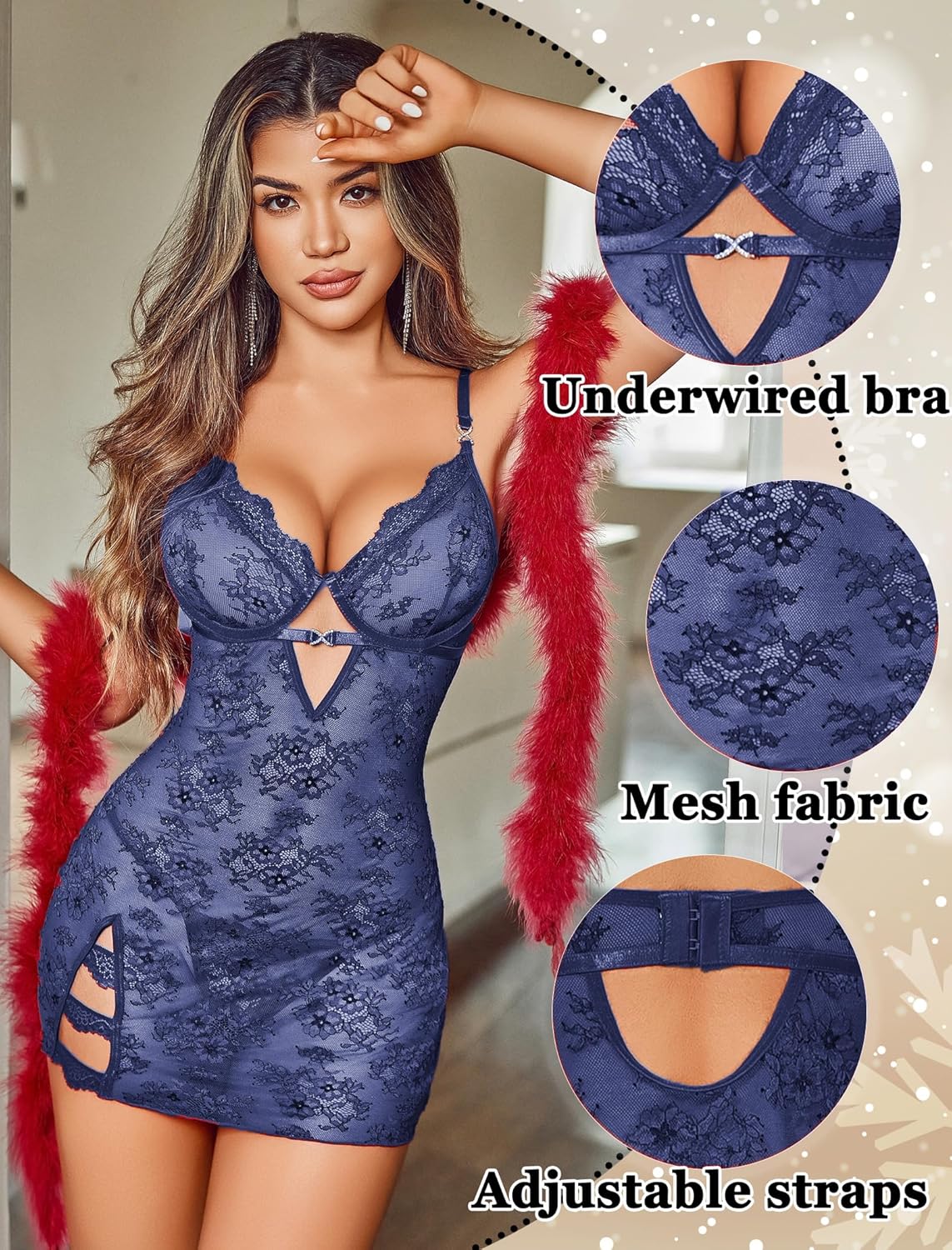Avidlove セクシーランジェリー 女性用 メッシュ ベビードール ドレス アンダーワイヤー プッシュアップ ブラ レース シュ