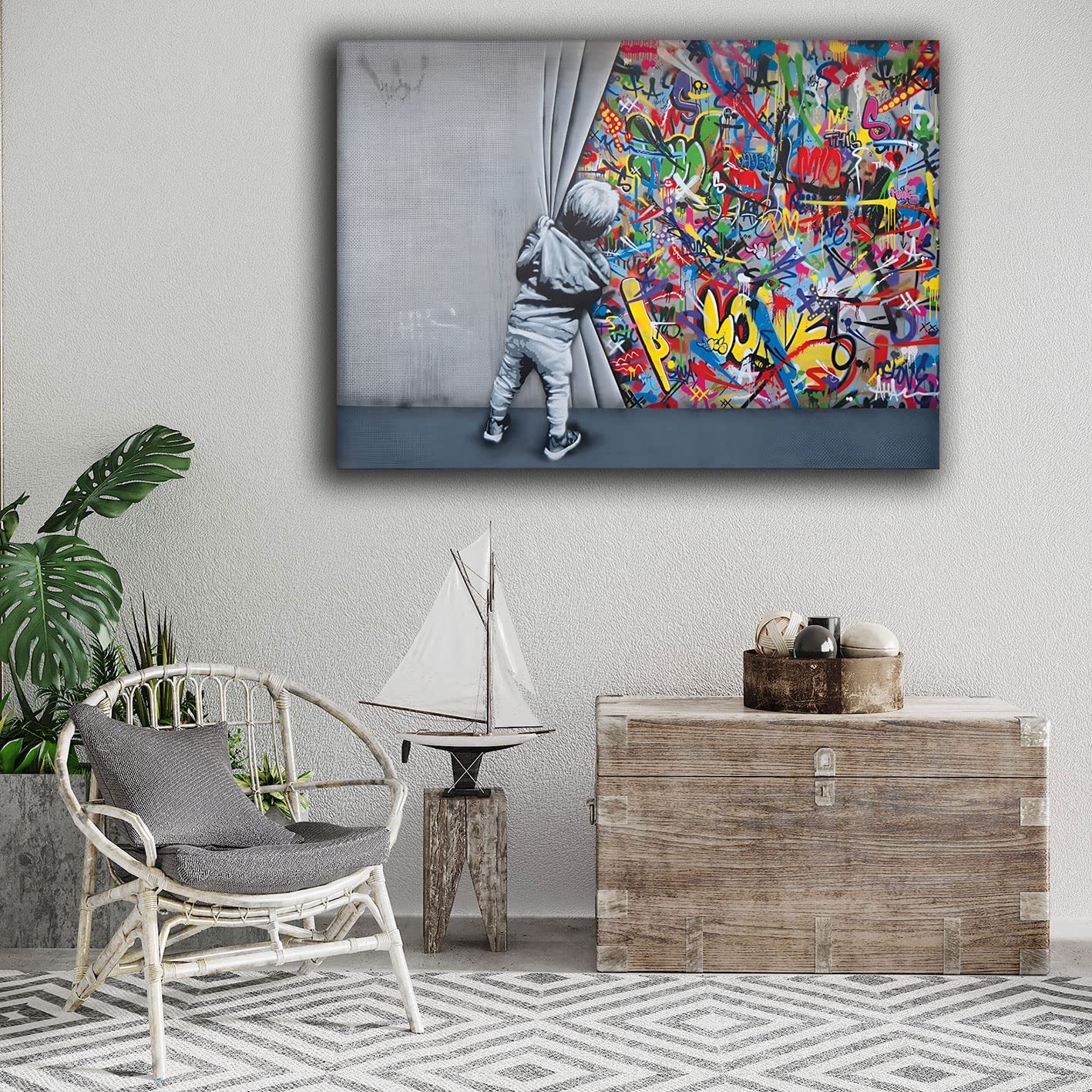 Printerland Quadri Moderni Soggiorno Bambino apre sipario Banksy stile Quadro moderno da Parete XXL grande Stampa su tela Canvas Decorazione Murale muro Arredo Camera da letto Cucina (30x40 cm, 1)