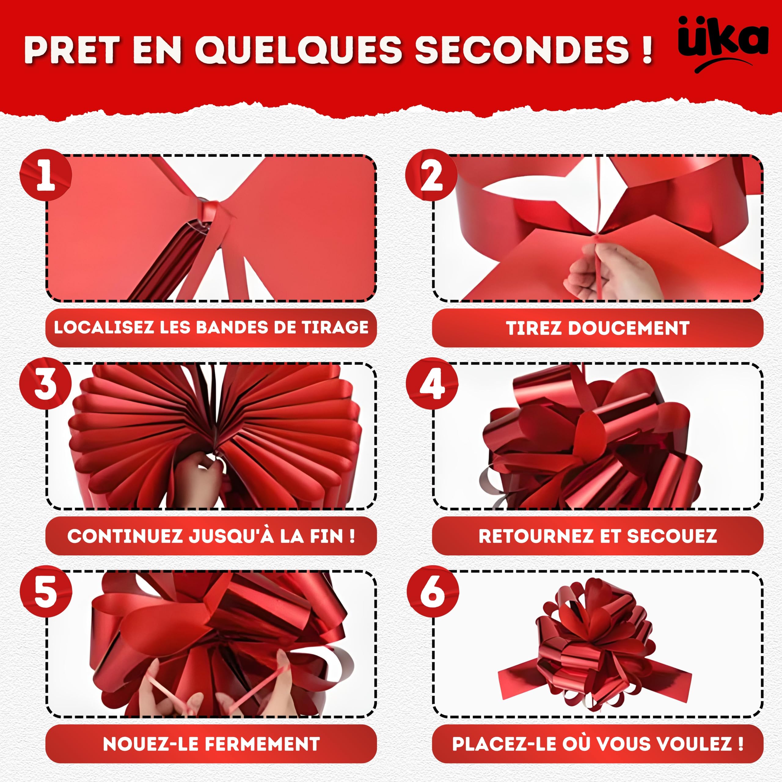 Üka • Noeud Cadeau Géant. Diamètre 40 cm. Grand Noeud Cadeau pour Voitures, Vélos et Électroménagers. Gros Noeud Rouge avec Conception Auto-assemblable et Réutilisable.