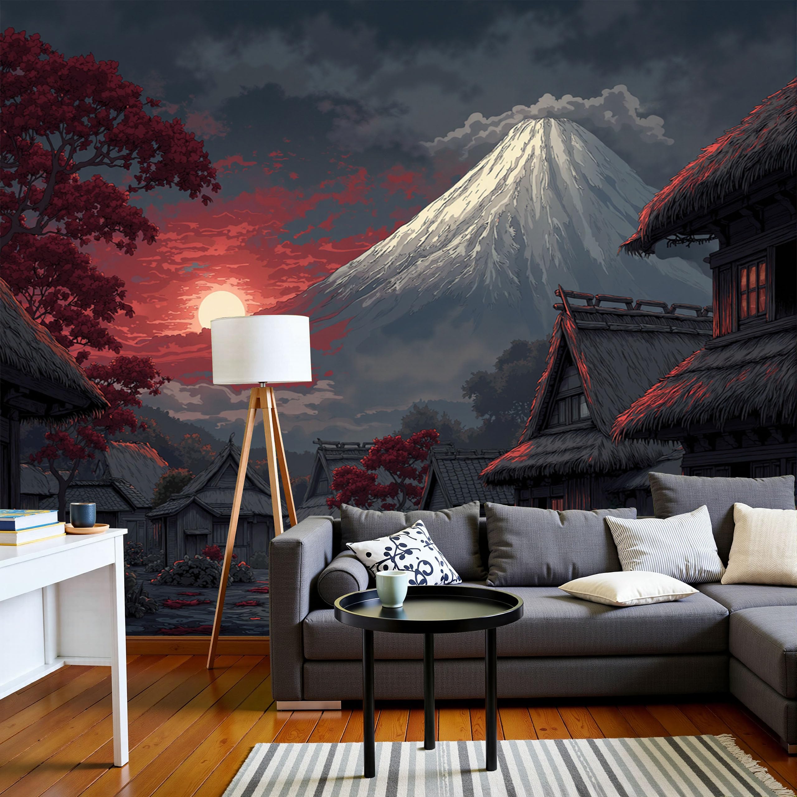 Papier peint panoramique village japonais Mont Fuji rouge et noir | Poster mural XXL 350x256